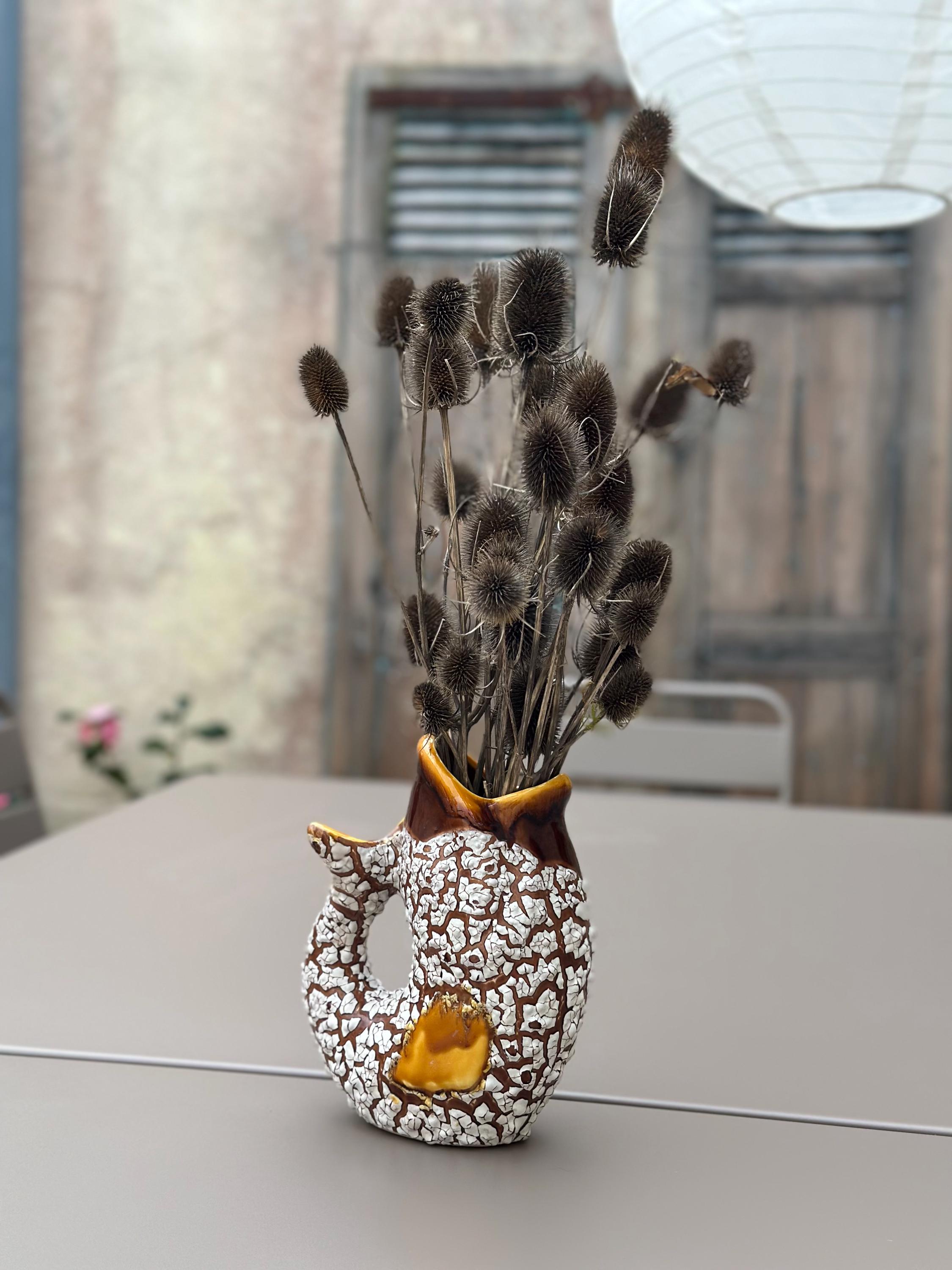 Vase pichet poisson zoomorphe – Céramique vintage marron et écume blanche