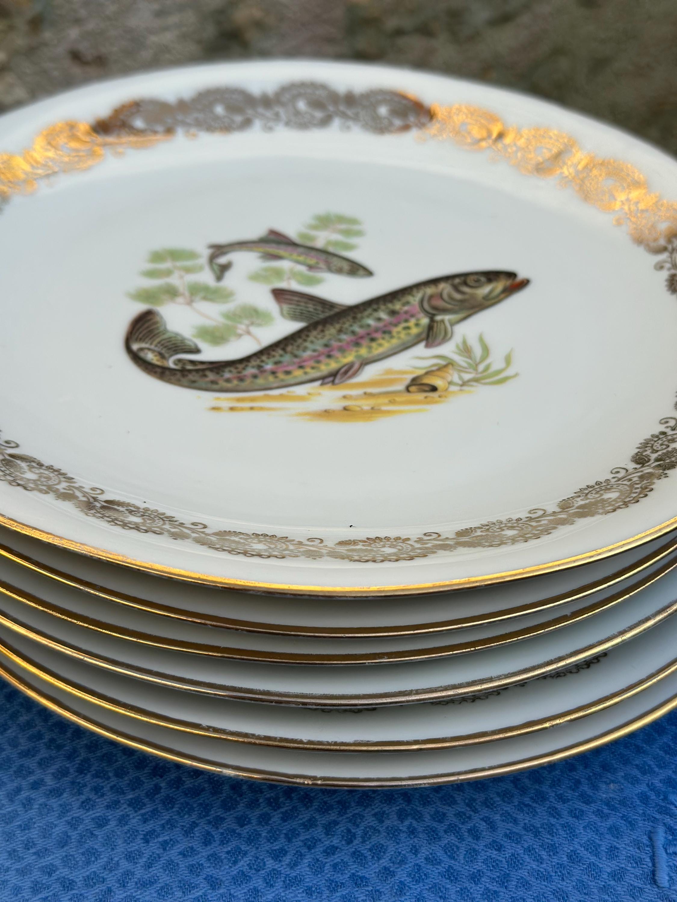 Set of 6 Vintage "Porcelaine de France" Fish Plates with Lace Gilding