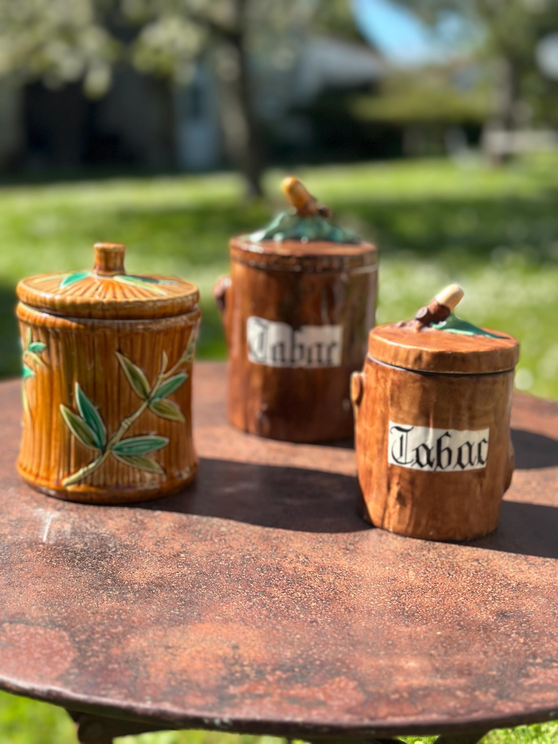 Old slipware tobacco jar – Tree trunk shape
