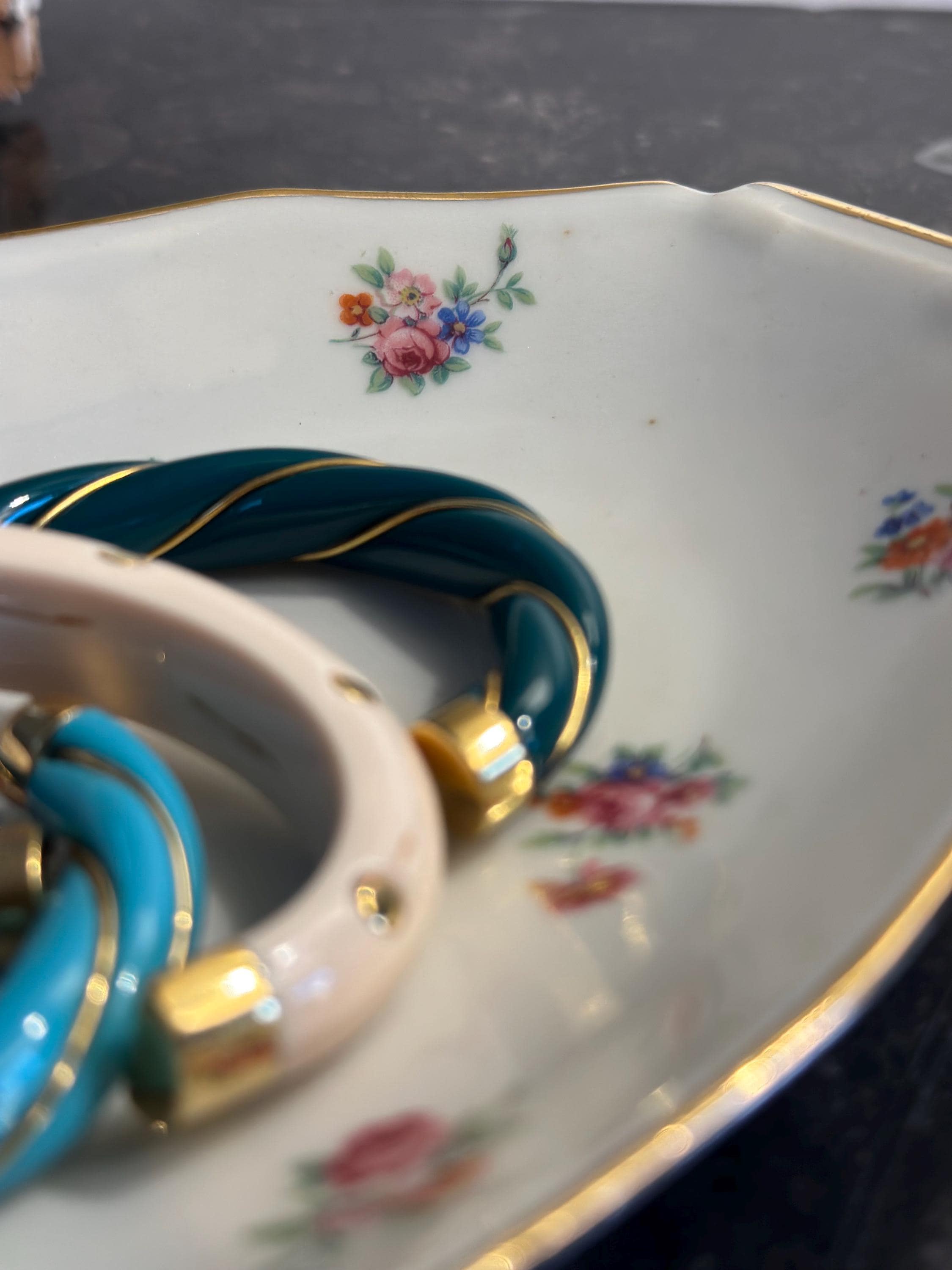White porcelain oval serving dishes with floral decor, fine gold gilding, Shabby Chic / French Vintage Style - set of 2