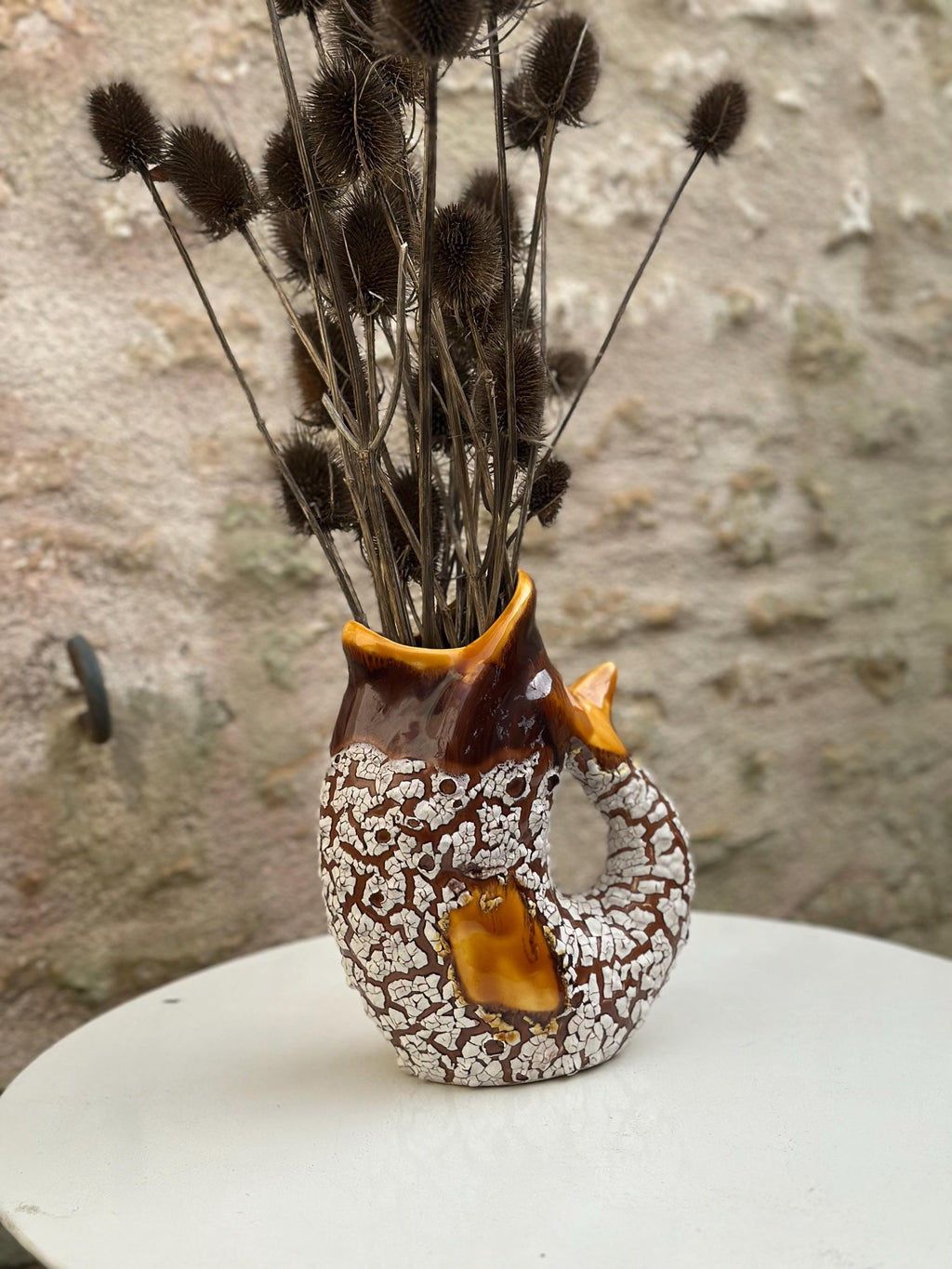Vase pichet poisson zoomorphe – Céramique vintage marron et écume blanche