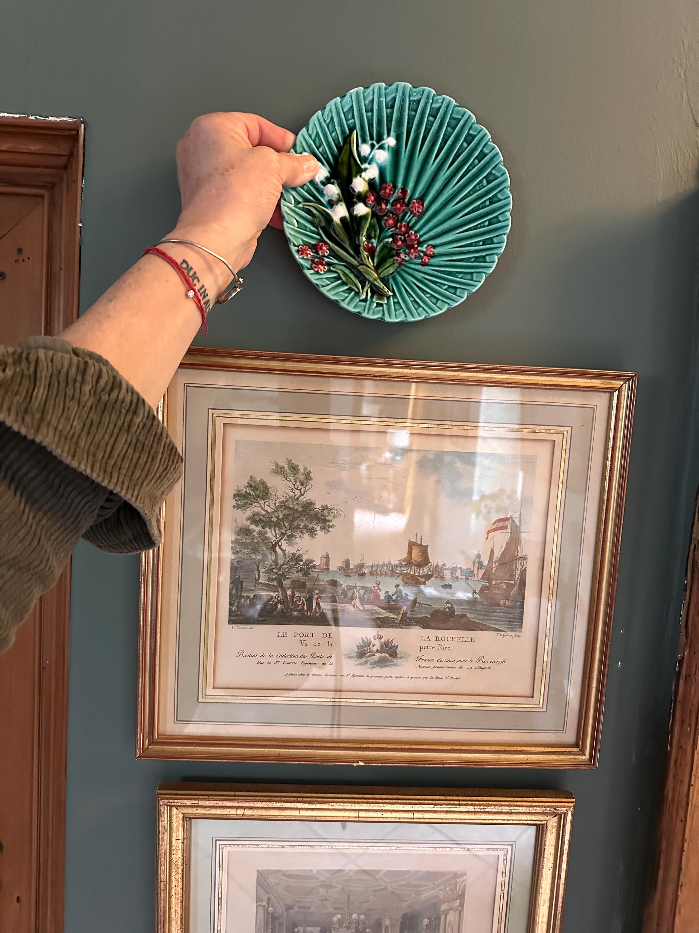 Antique Schramberg majolica plate in green – Lily of the Valley in relief