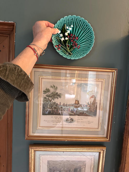 Antique Schramberg majolica plate in green – Lily of the Valley in relief