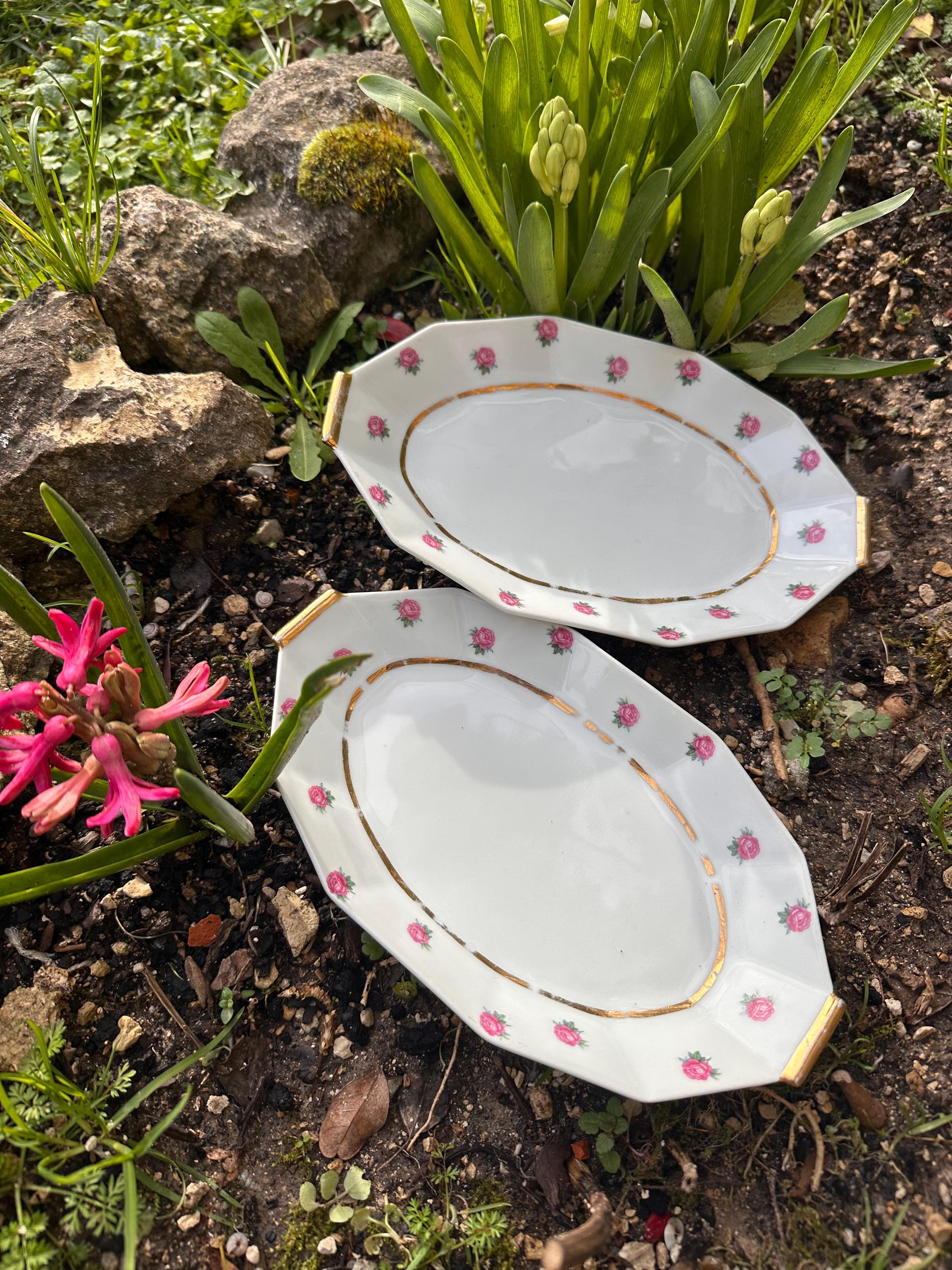 Vintage Small Oval Bowls Limousin Sainte-Foy-l'Argentière – Porcelain with Rose Decoration and Gold Rim – Shabby Chic France - Set of 2
