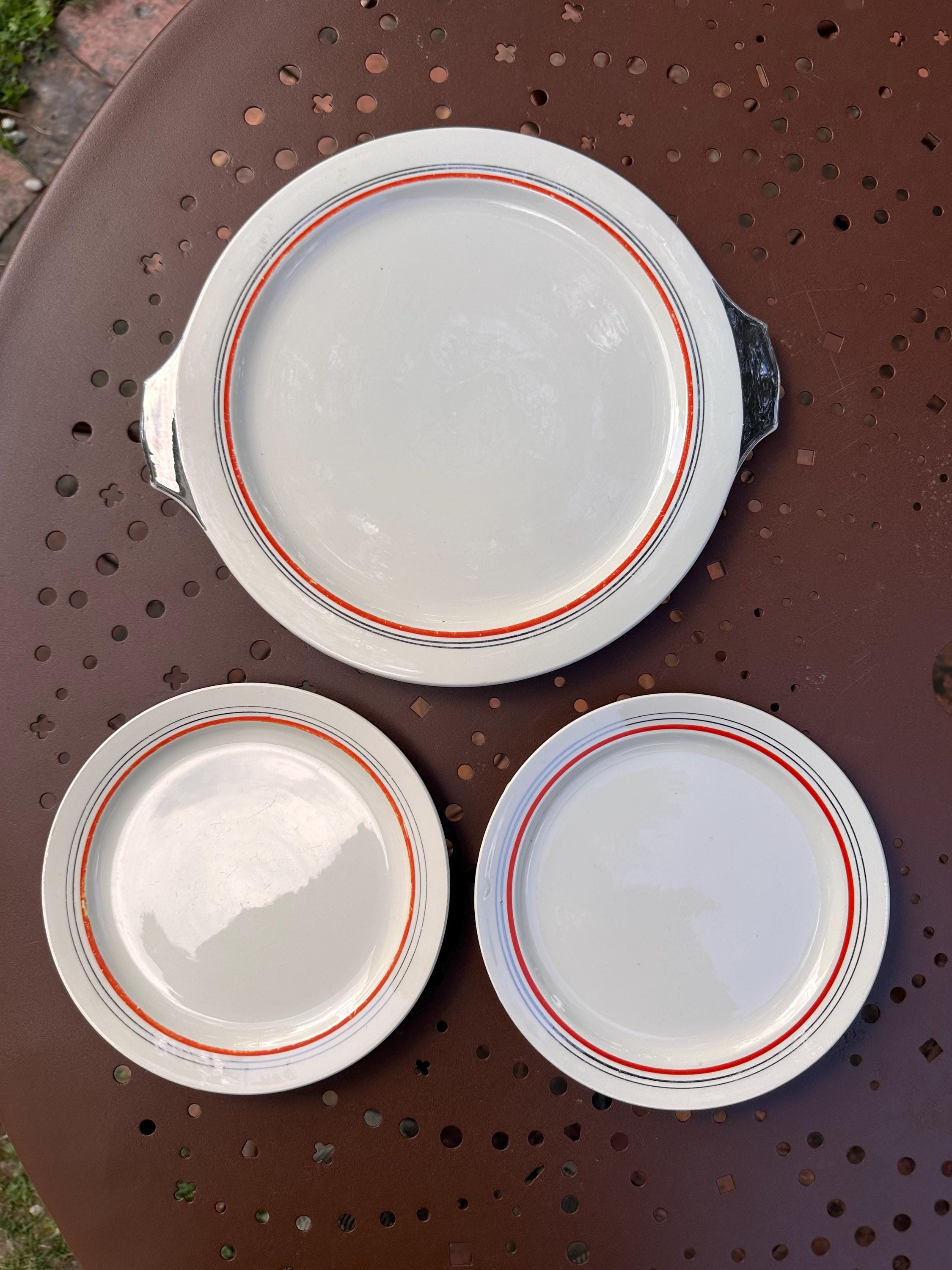 Plat à gâteaux Vintage Boch Frères La Louvière - Plat à Oreilles Argenté et 2 Assiettes - Art Déco Belgique - Rouge noir argent - mix&match