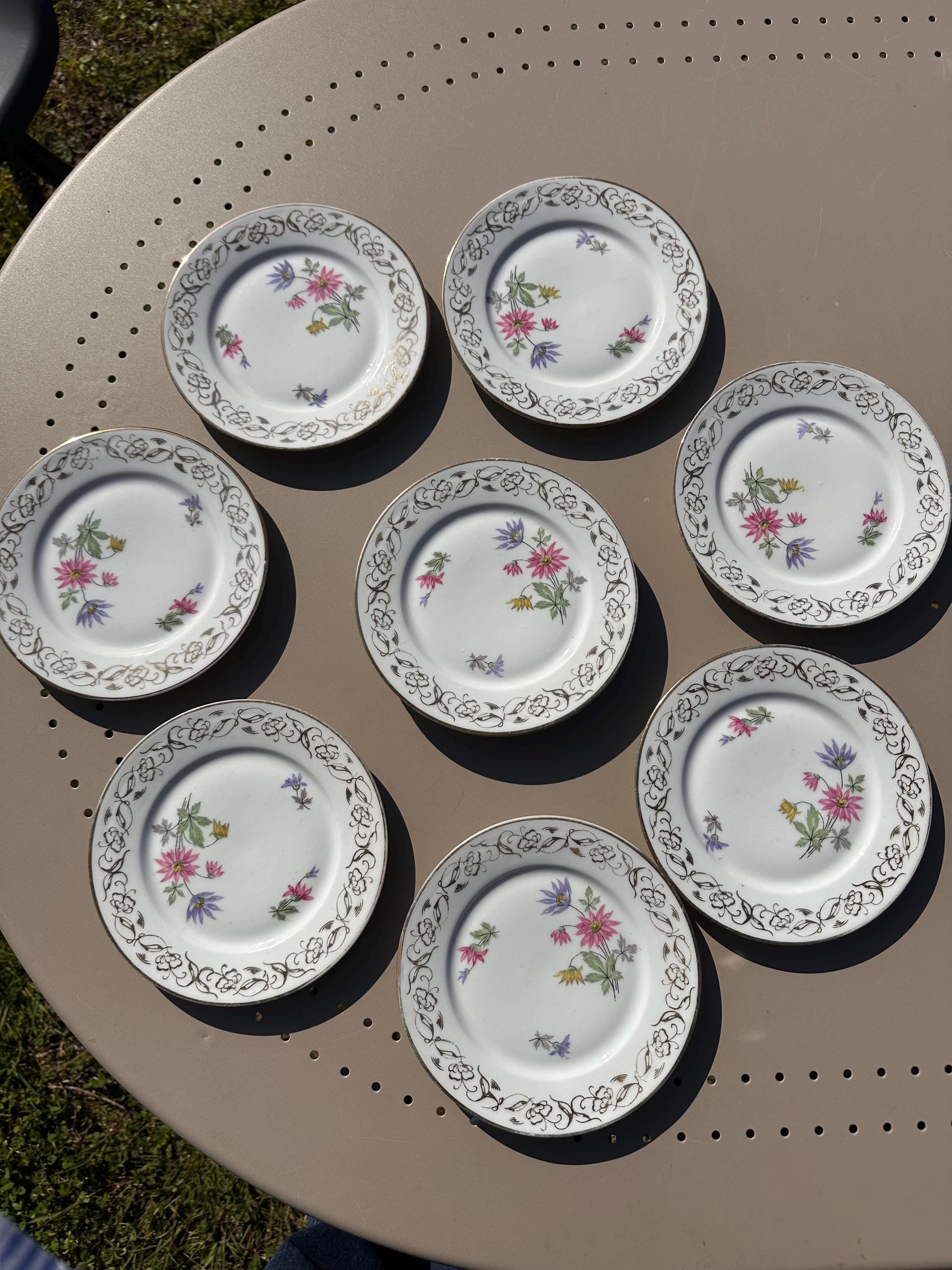 Small Dessert Plates - Limoges Porcelain - Émaux de Mehun - Pink, Blue and Pale Yellow Floral Design - Gold - Vintage France - Set of 8