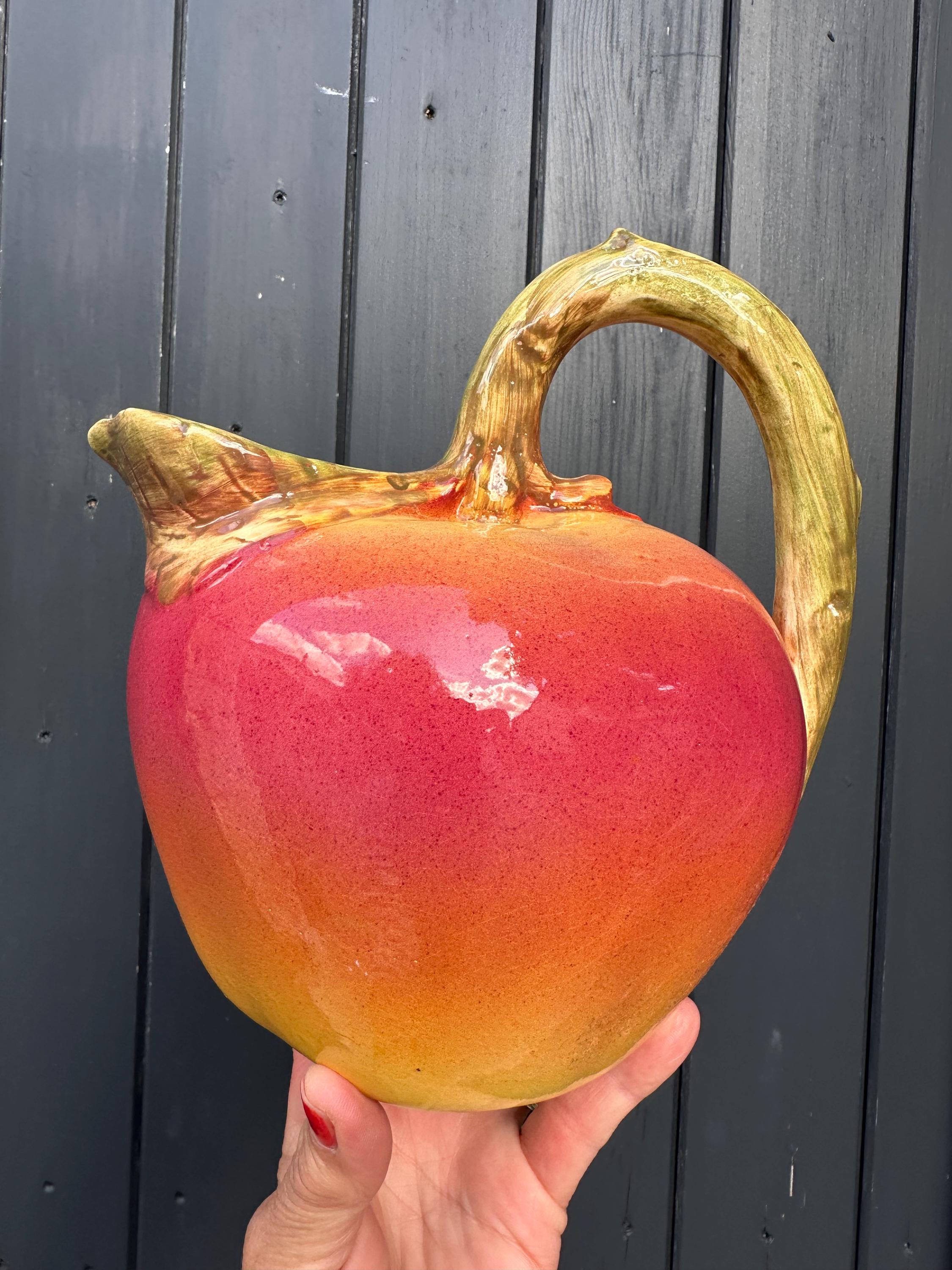 Antique majolica pitcher – Trompe-l’oeil apple shape
