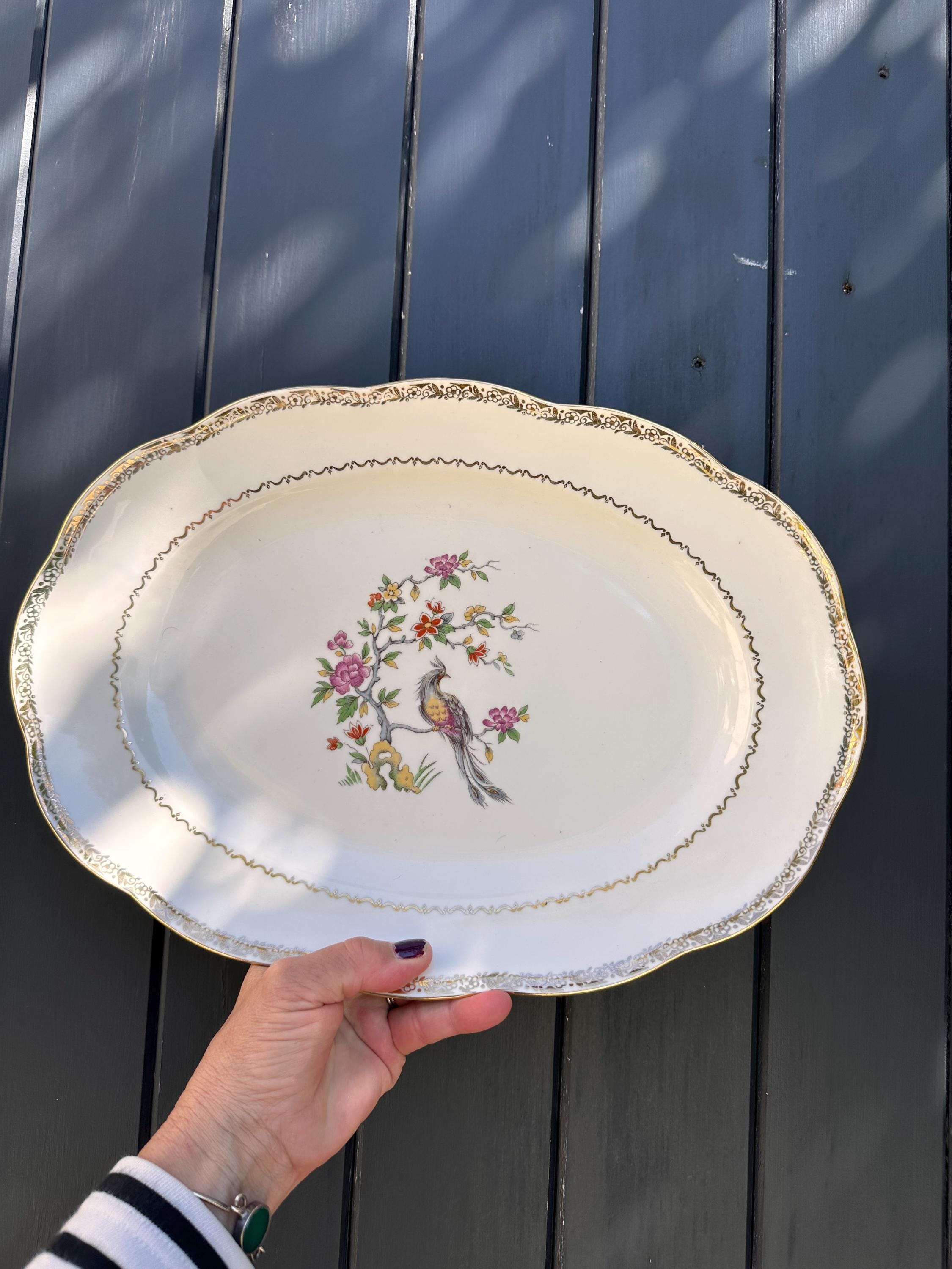 Vintage Serving Dish - Bird of Paradise and Scalloped Gold Rim