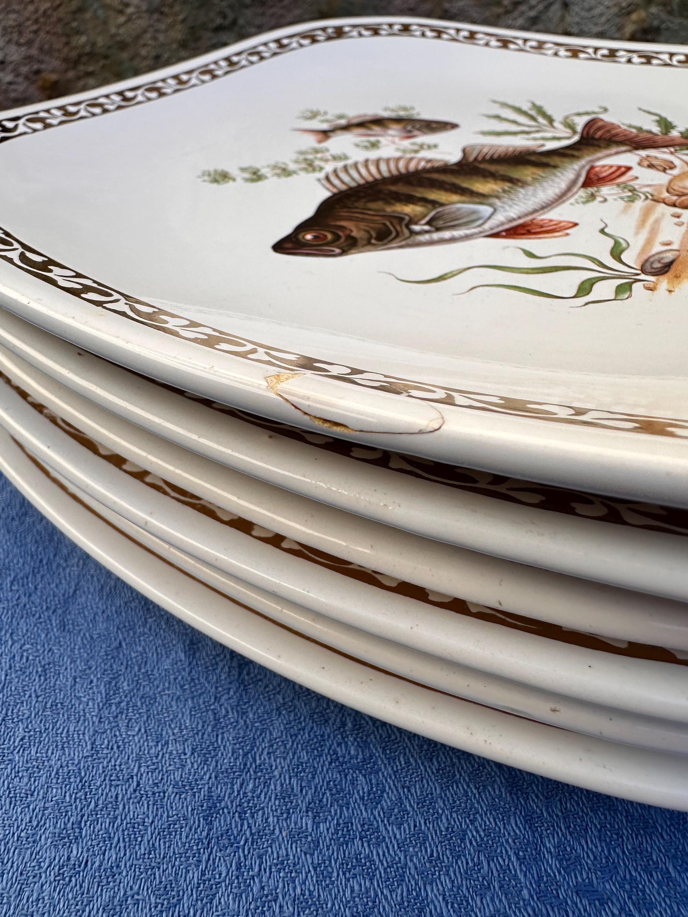Set of 5+1 Longchamp Square Fish Plates, Porcelain and Gilding