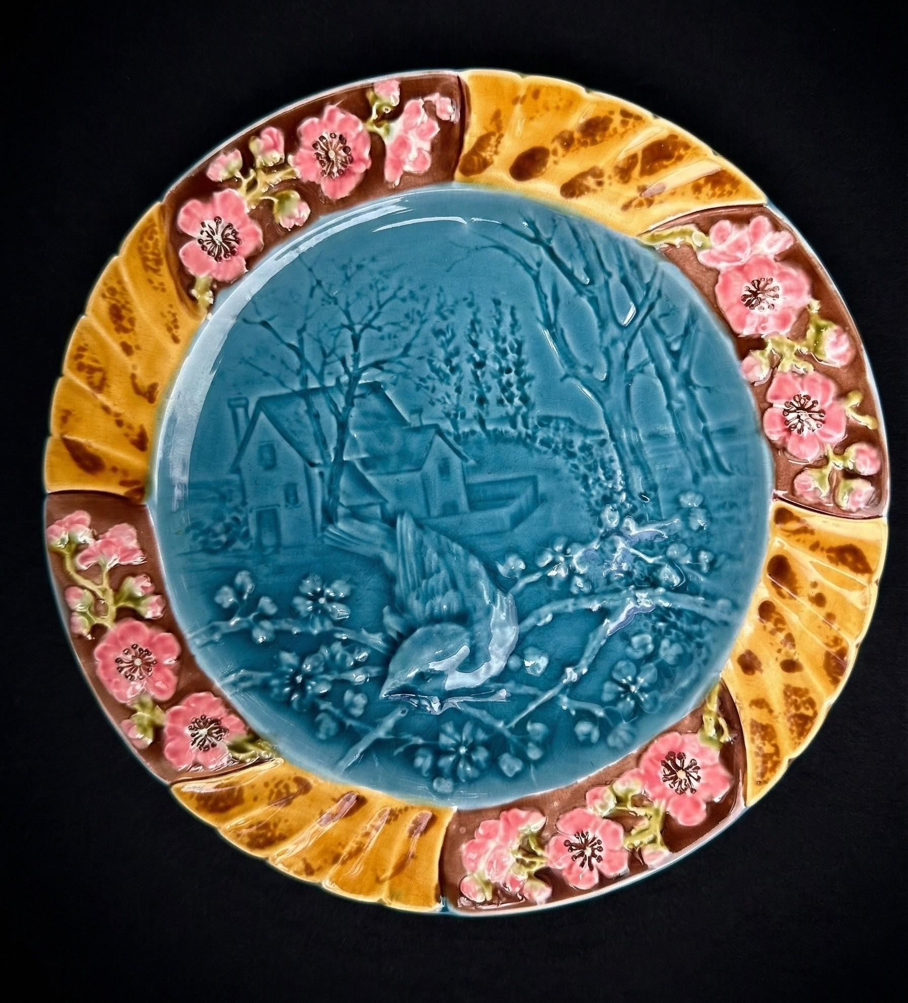 Antique majolica plate – Bird and pink floral relief decoration