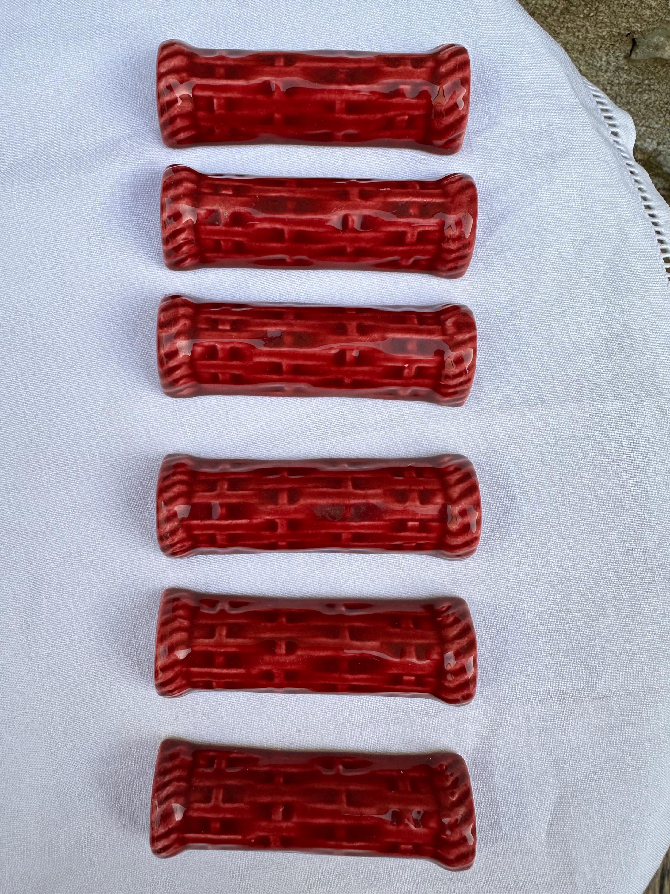 Vintage PROCERAM Aubagne Knife Rests – Oxblood Red Ceramic – Basketweave Decoration – French Tableware - Set of 6