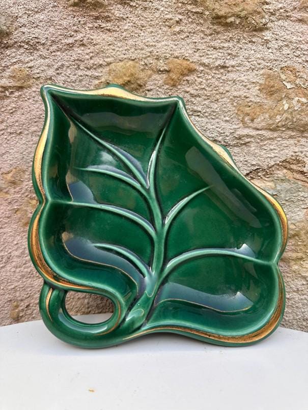 Ravier Coupelle Feuille Vintage -Céramique Vert Émeraude et Or-Vide-poche Années 50 - Made in France - Vallauris Verceram -lot de 2