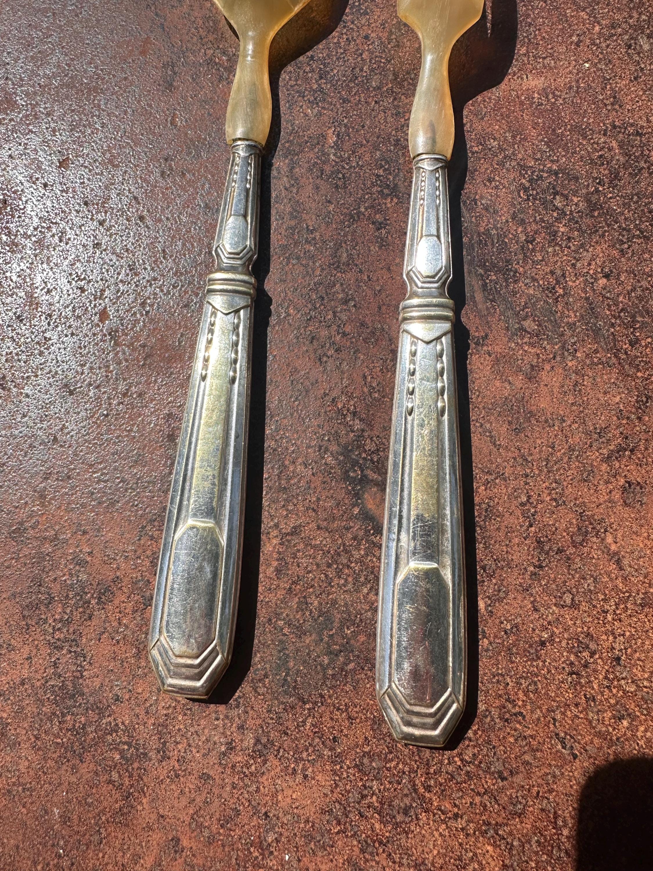 Antique Art Deco Salad Servers - Silver Plated Weighted Handles and Genuine Horn Tops - Chic Vintage Tableware