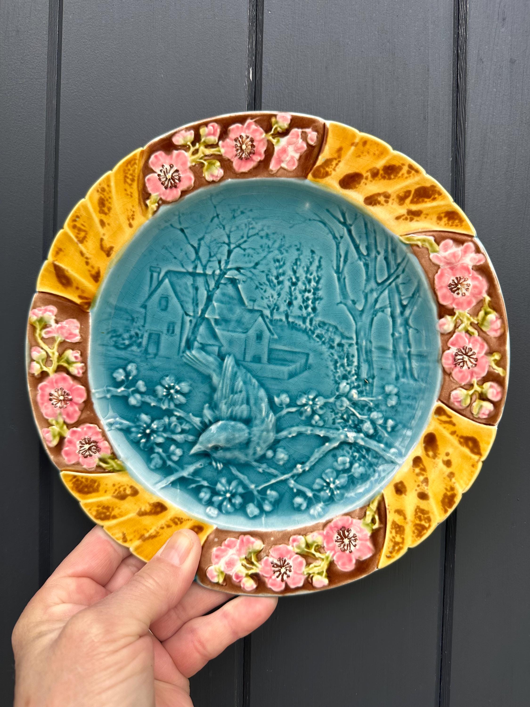 Antique majolica plate – Bird and pink floral relief decoration