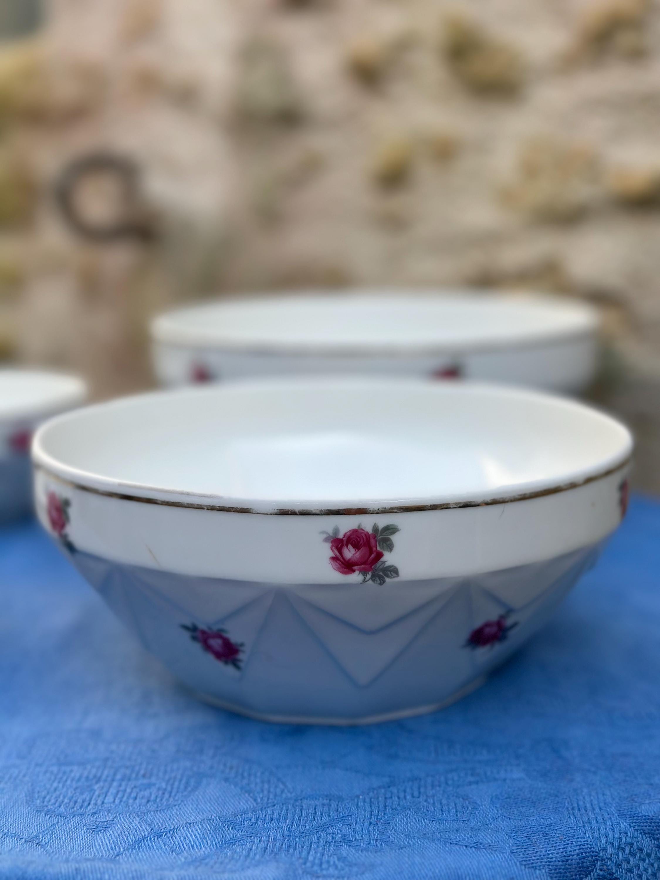 Set of 4 Vintage Porcelain Faceted Nesting Bowls with Rose Decor