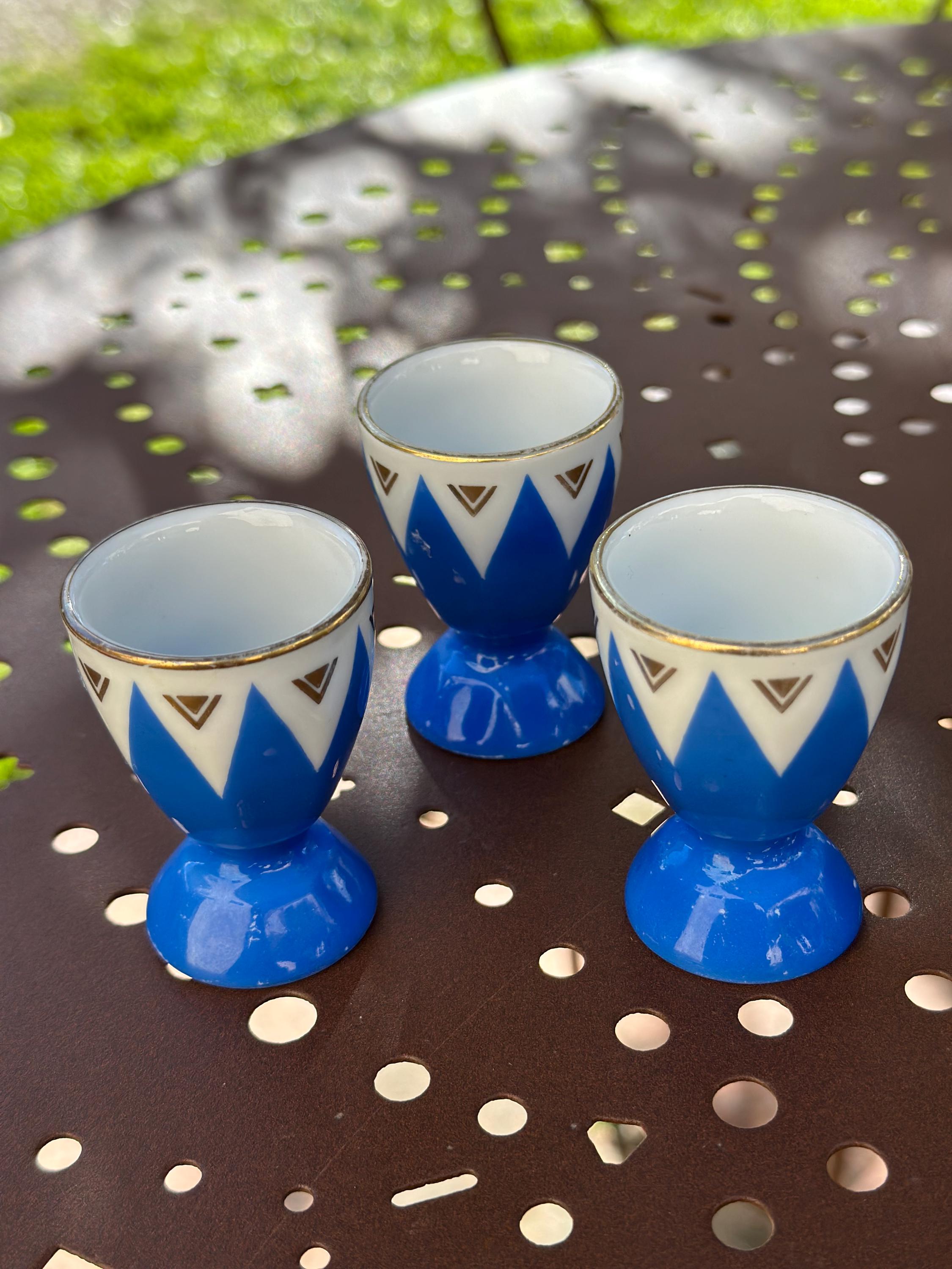 Lot de 3 Coquetiers Vintage Art Déco en Porcelaine Bleu et Or