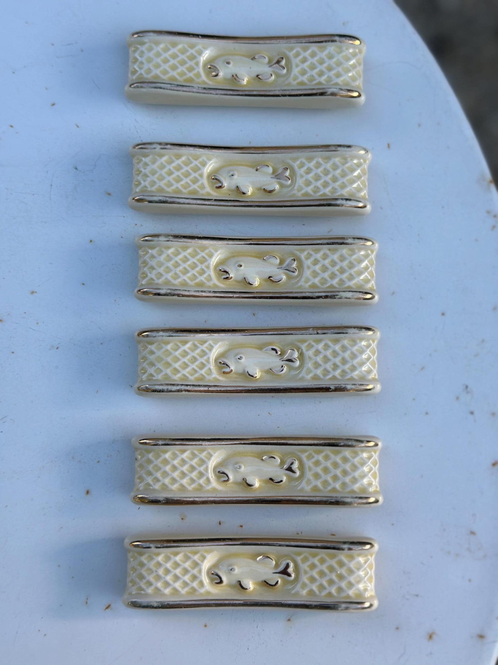 Vintage Cream and Gold Ceramic Knife Rests, Fish and Trellis Decor, Retro Tableware - set of 6