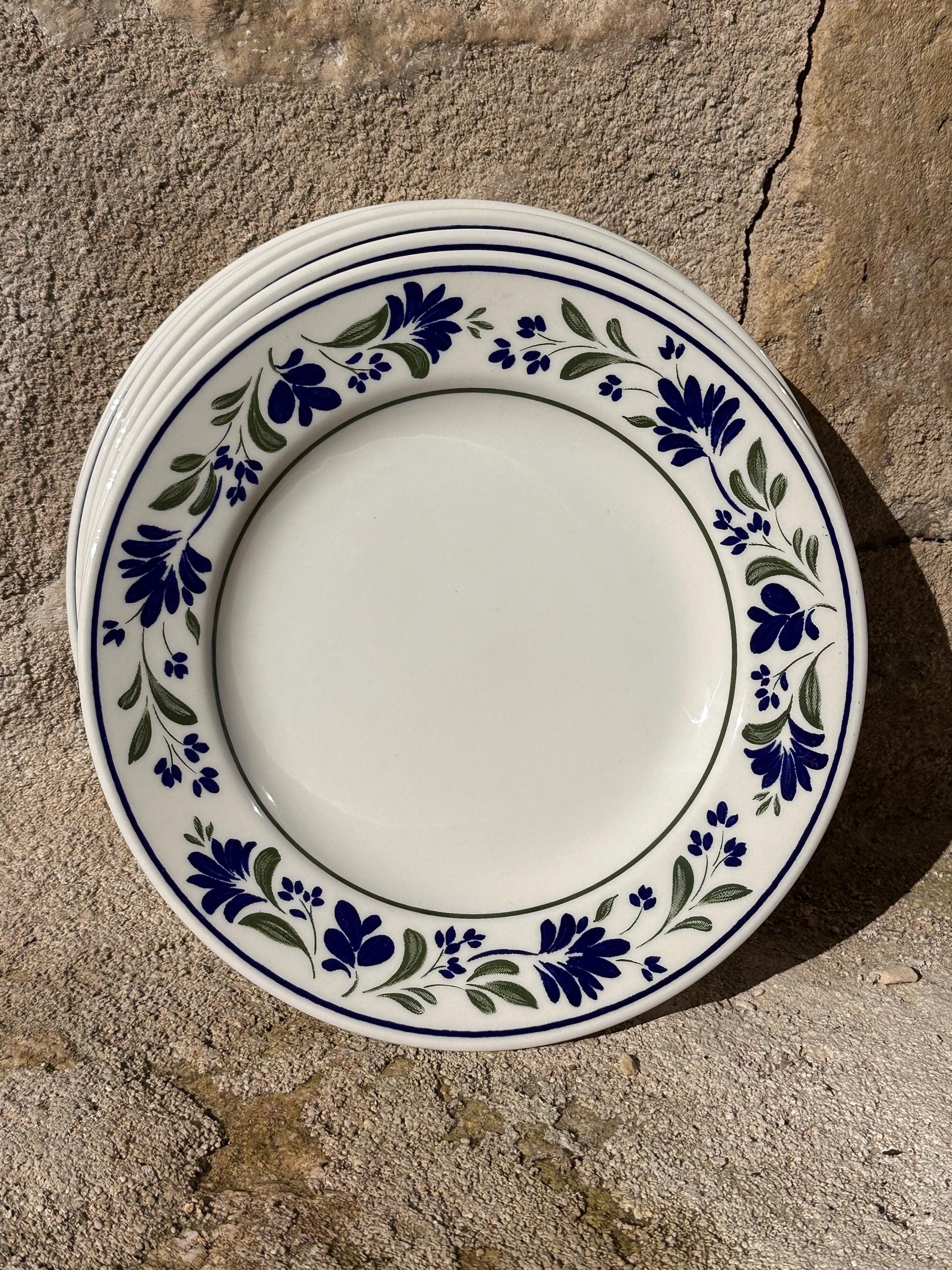Churchill England Dessert Plates - Vintage English - Blue and Green Floral Pattern - Ironstone Made in England - Set of 6