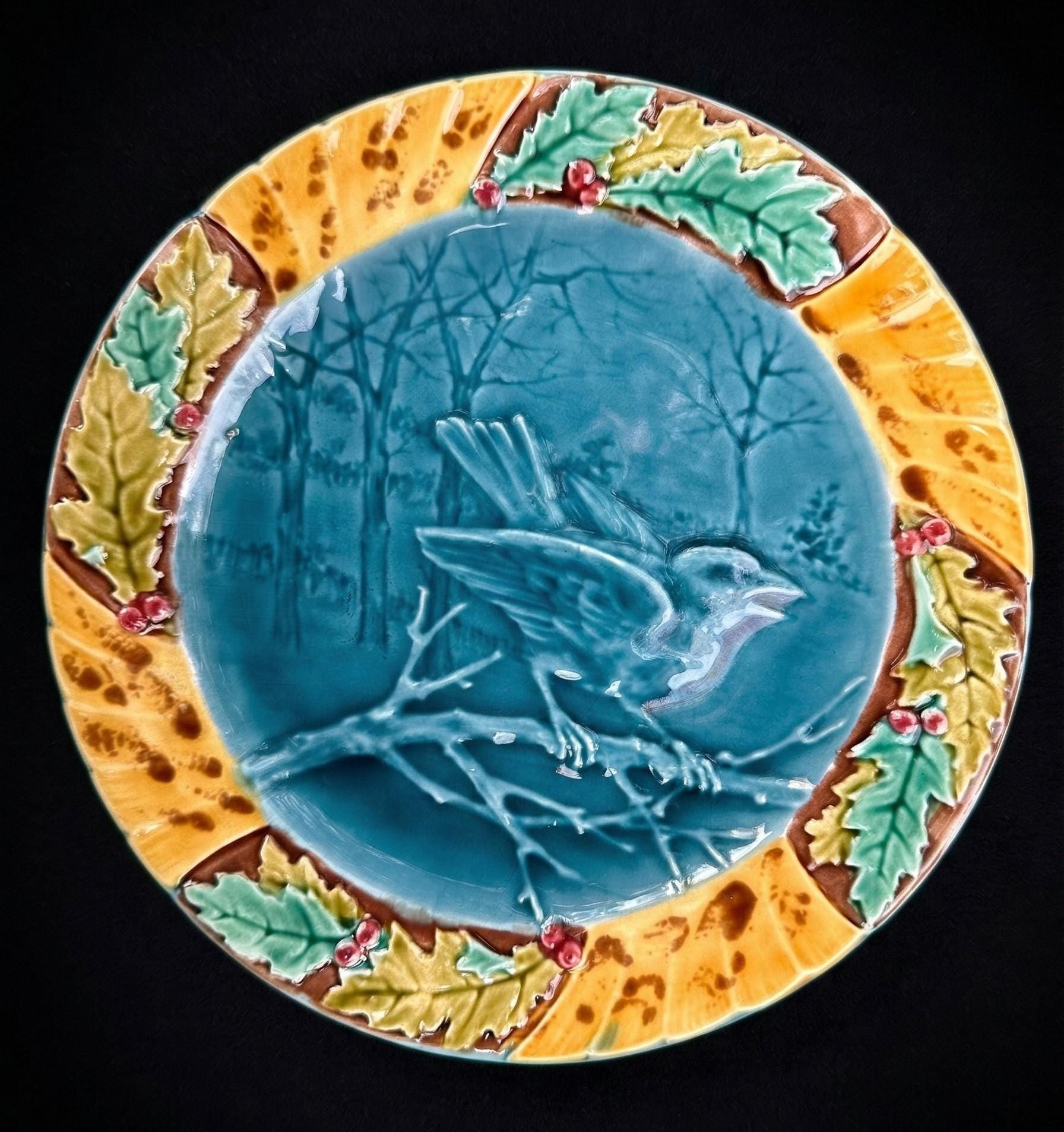 Antique Majolica Faience Plate, Sarreguemines or Onnaing, Bird and Holly Decor, Wall Collection, French 19th Century Vintage