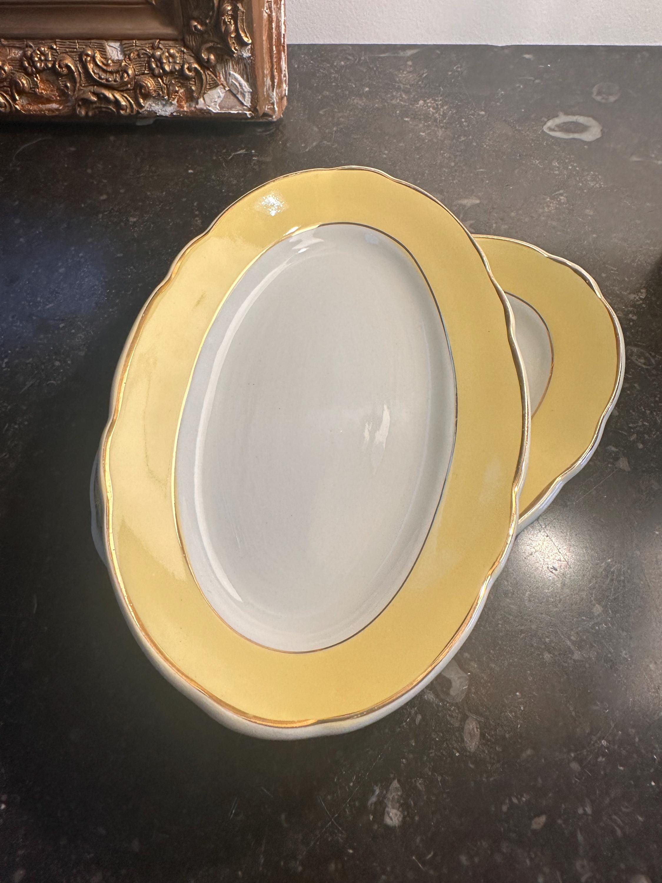 Lot de 2 Ravières Vintage Lunéville "Jonquille" – Faïence Ovale Jaune et Or