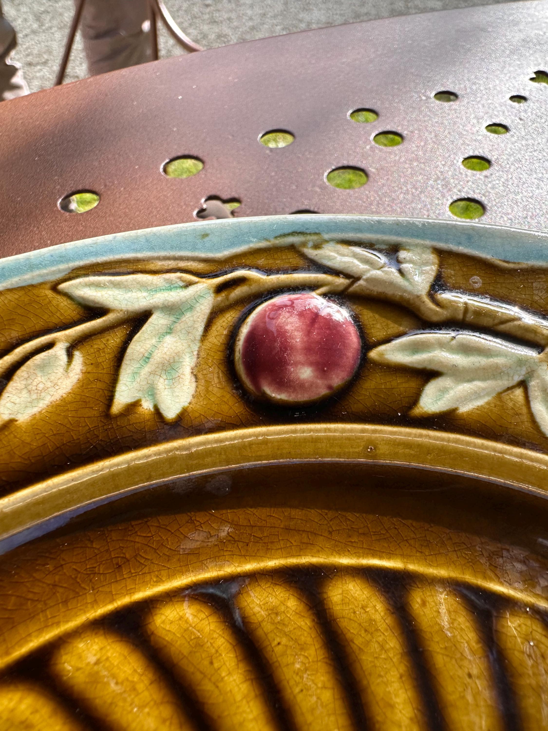 Antique majolica plate – Brown and turquoise tones, fruit motif