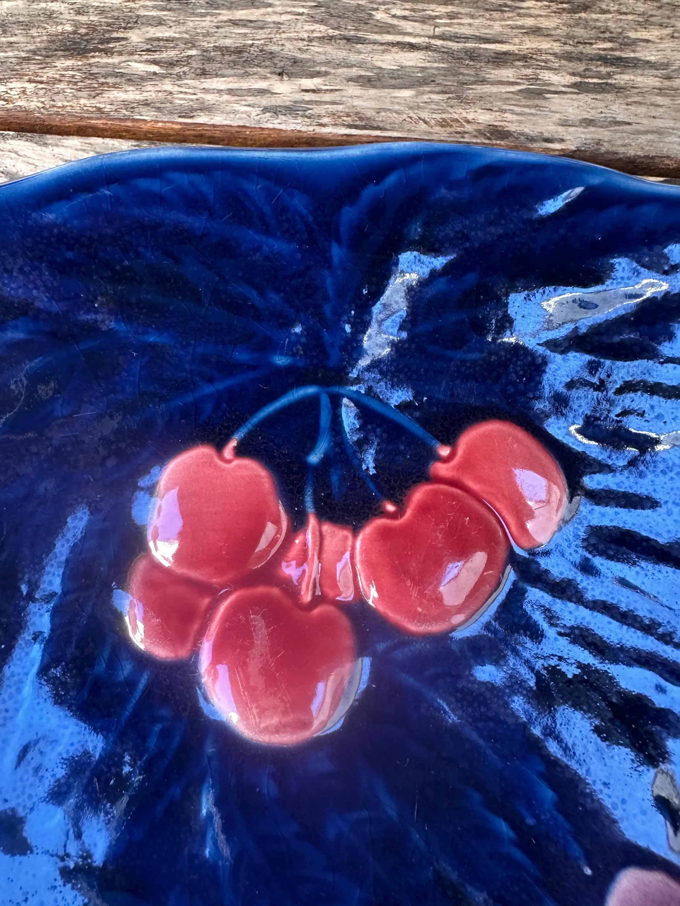 Antique Sarreguemines majolica dish – Fruit decor, cobalt blue