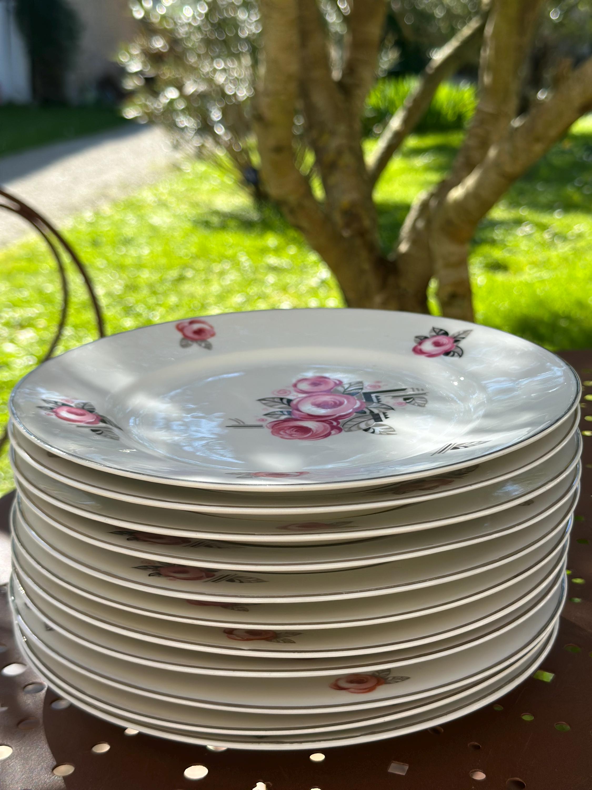Set of 6 Vintage Limoges Porcelain Plates, Art Deco Roses Decor