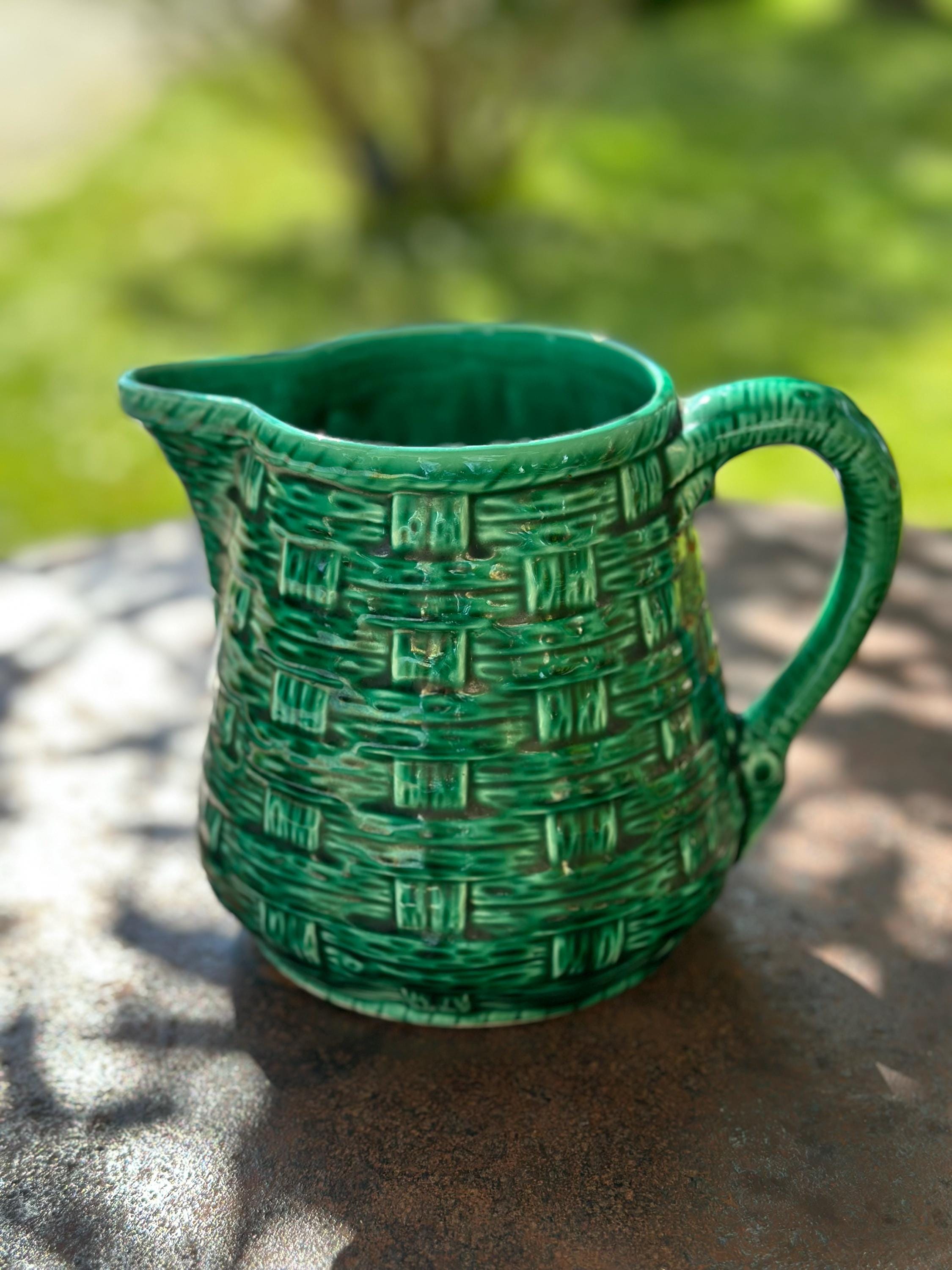 Digoin & Sarreguemines green enameled pitcher – Woven basket effect