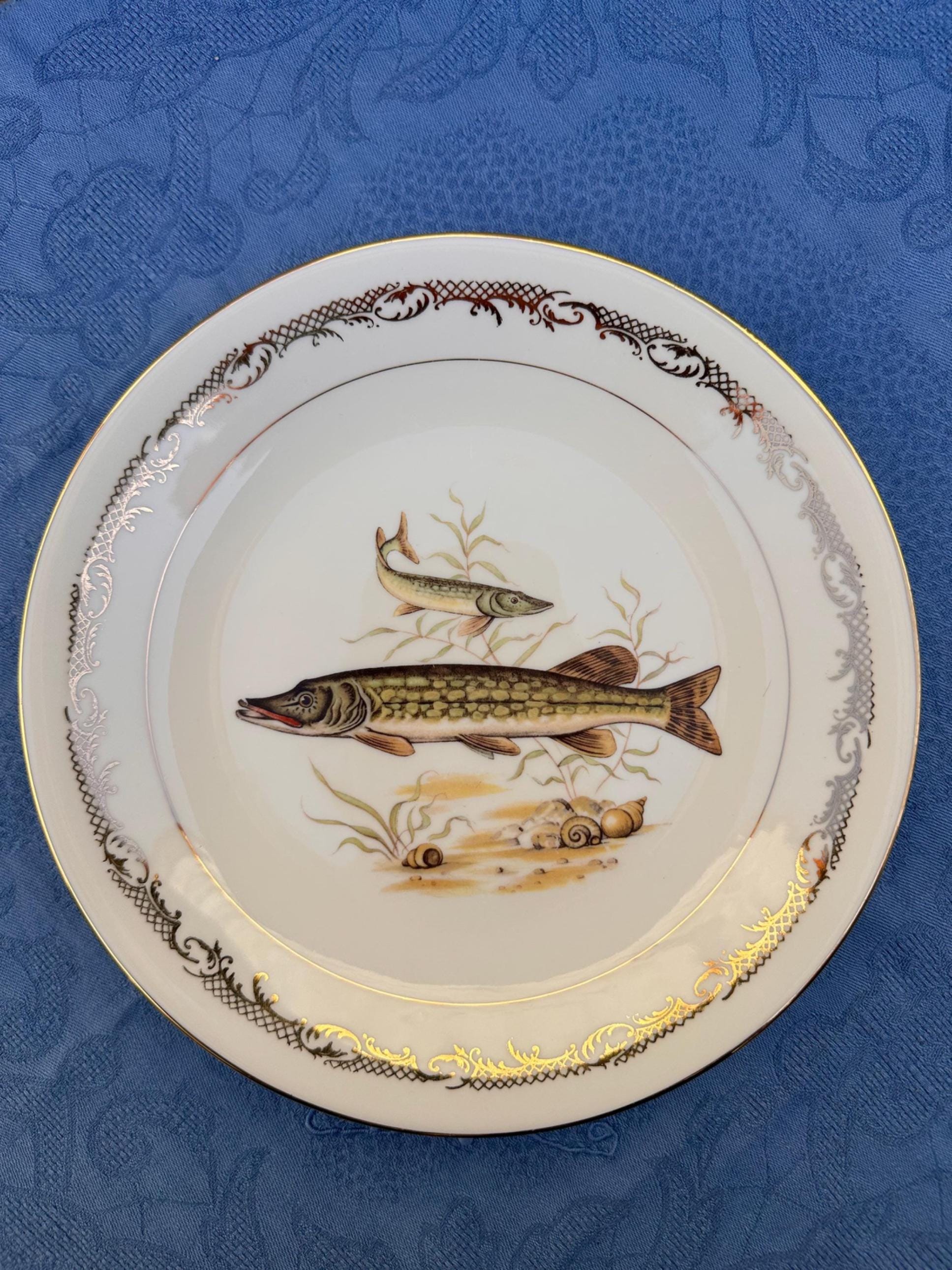 Vintage Limoges Porcelain Fish Plates – Limoges Enamel, Freshwater Fish Motif and Gilt Rim - Set of 7