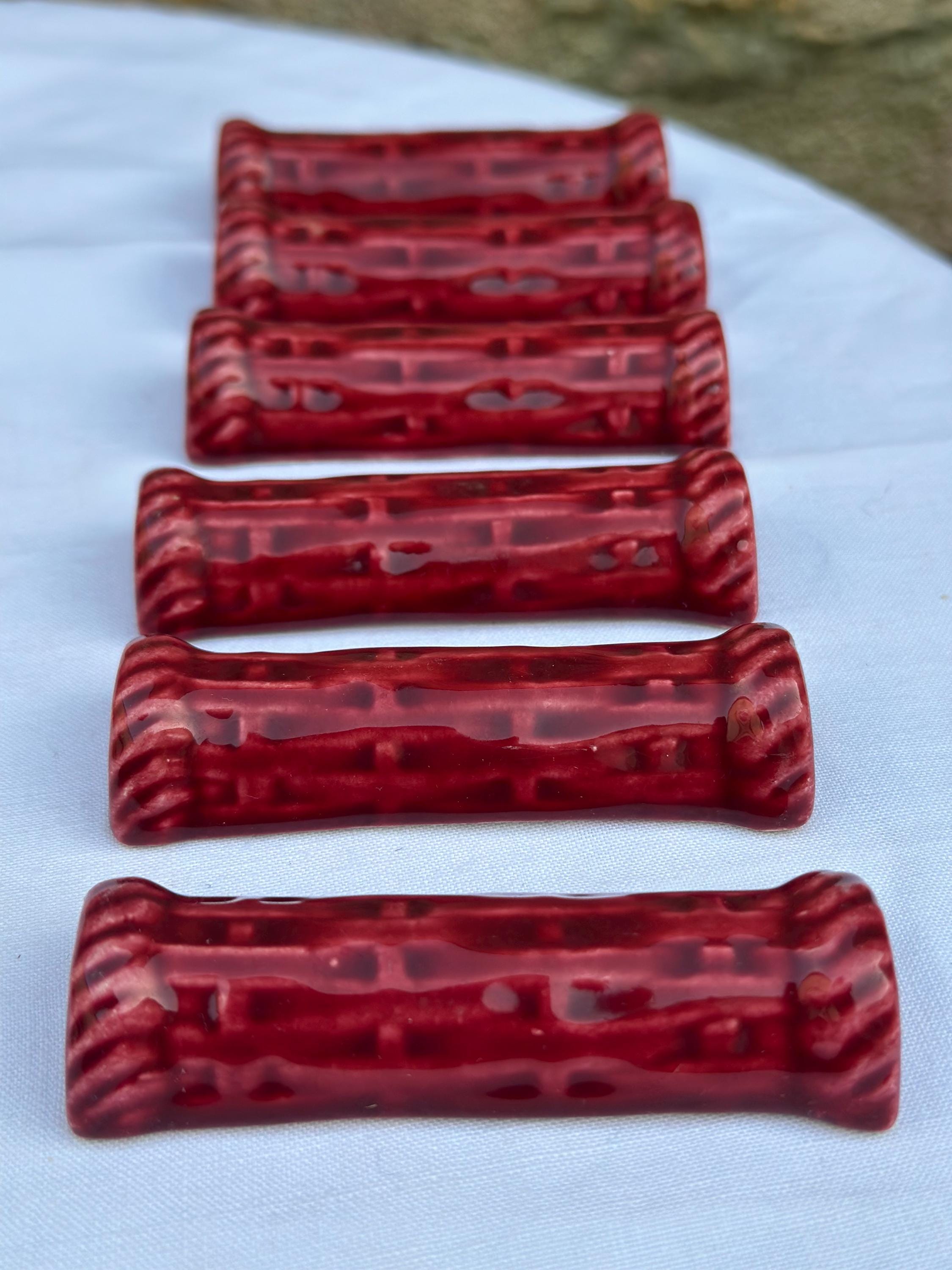 Vintage PROCERAM Aubagne Knife Rests – Oxblood Red Ceramic – Basketweave Decoration – French Tableware - Set of 6