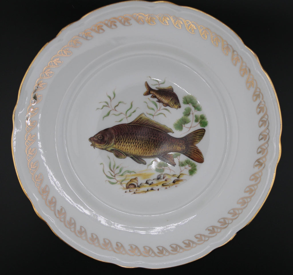 Lot de 3 Assiettes à Poisson Vintage "Le Monde Aquatique", Porcelaine Fine et Dorure