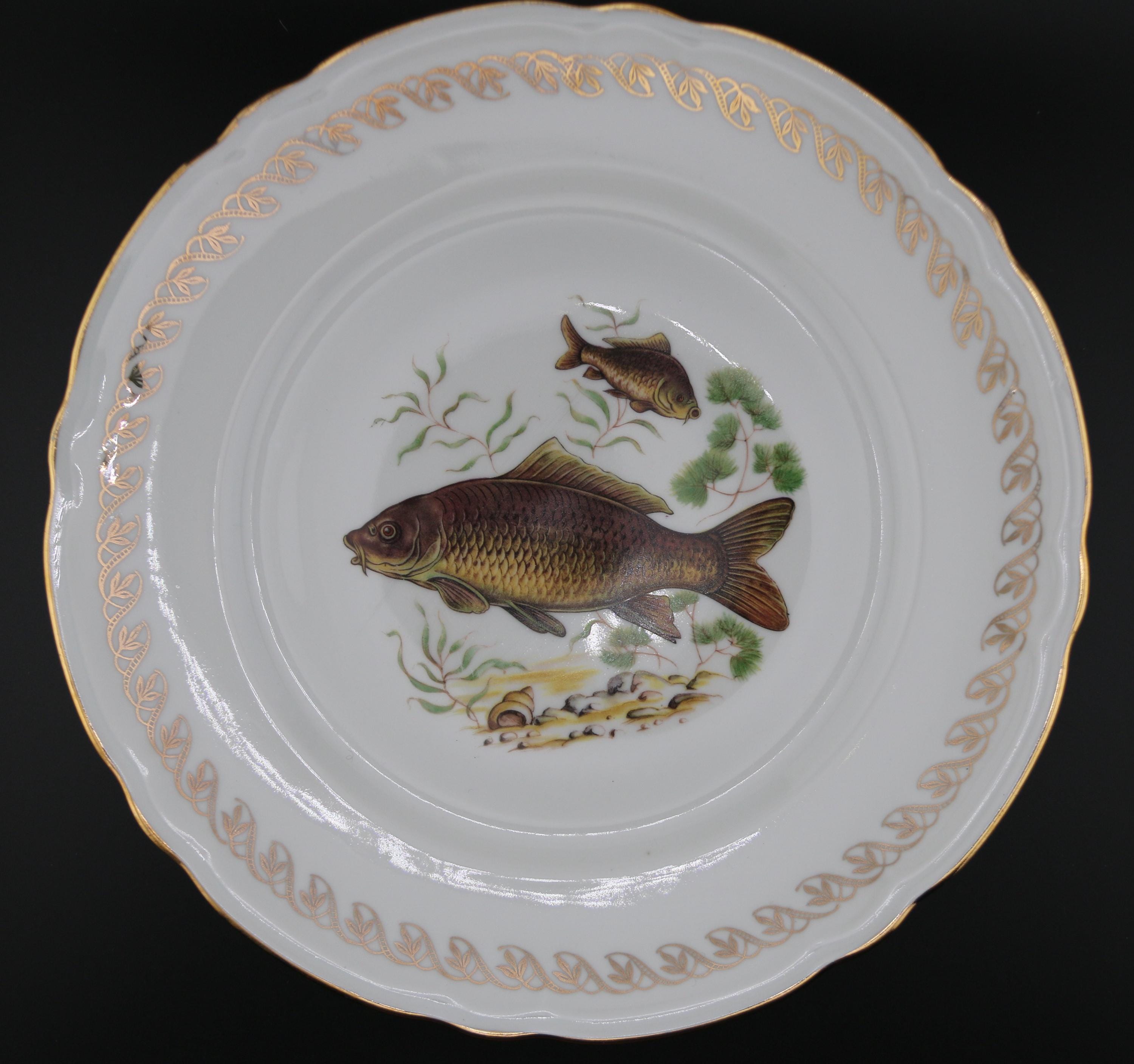 Lot de 3 Assiettes à Poisson Vintage "Le Monde Aquatique", Porcelaine Fine et Dorure
