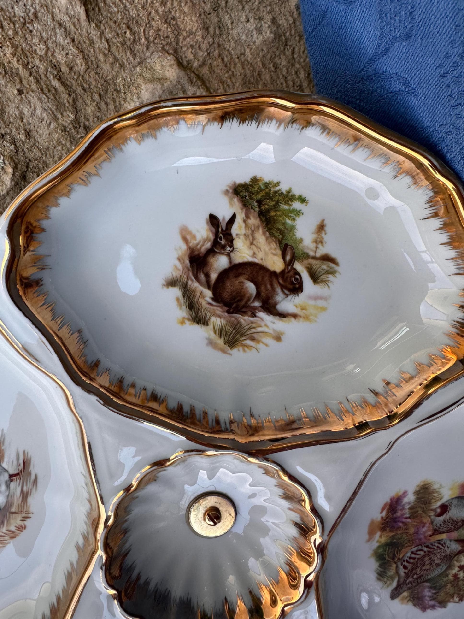 Divided Serving Dish French Porcelain SP – Game & Wildlife Decor – Fine Gold Rim – Vintage Chic