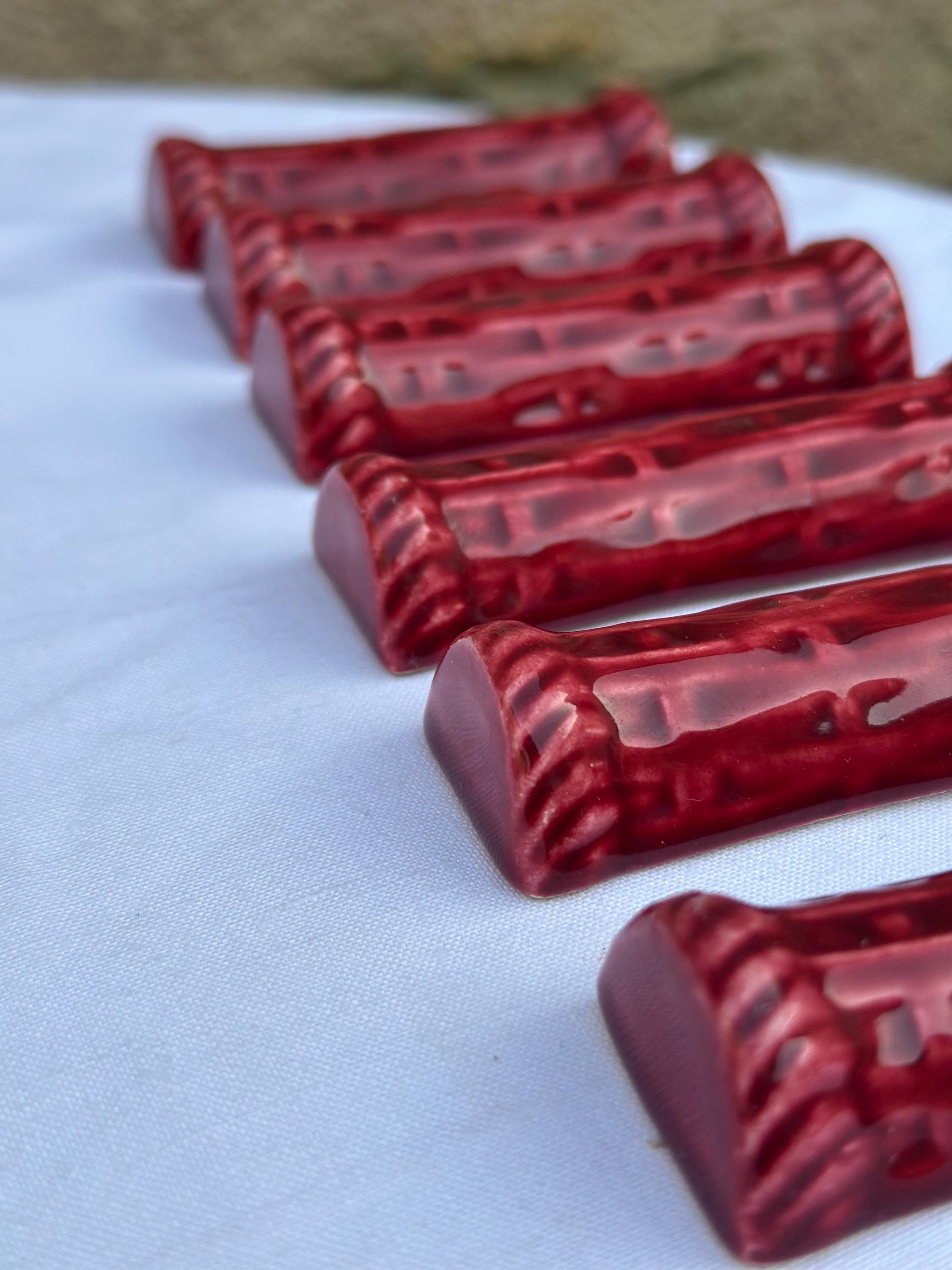 Vintage PROCERAM Aubagne Knife Rests – Oxblood Red Ceramic – Basketweave Decoration – French Tableware - Set of 6