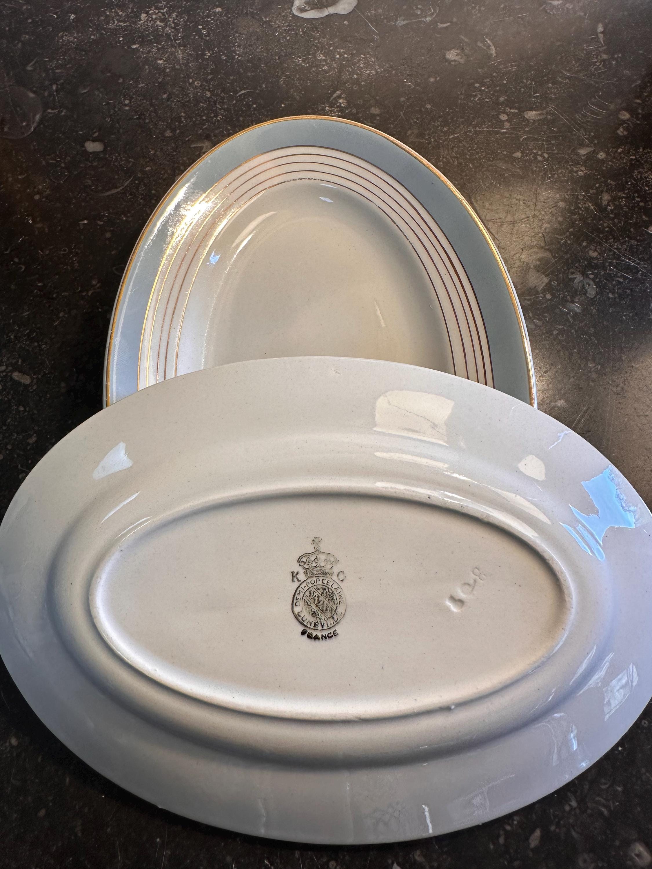 Raviers coupelles Vintage Lunéville K&G – Modèle Art Déco Demi-Porcelaine à Filets Or et Bande Bleue – France, Années 30/40 - lot de 2