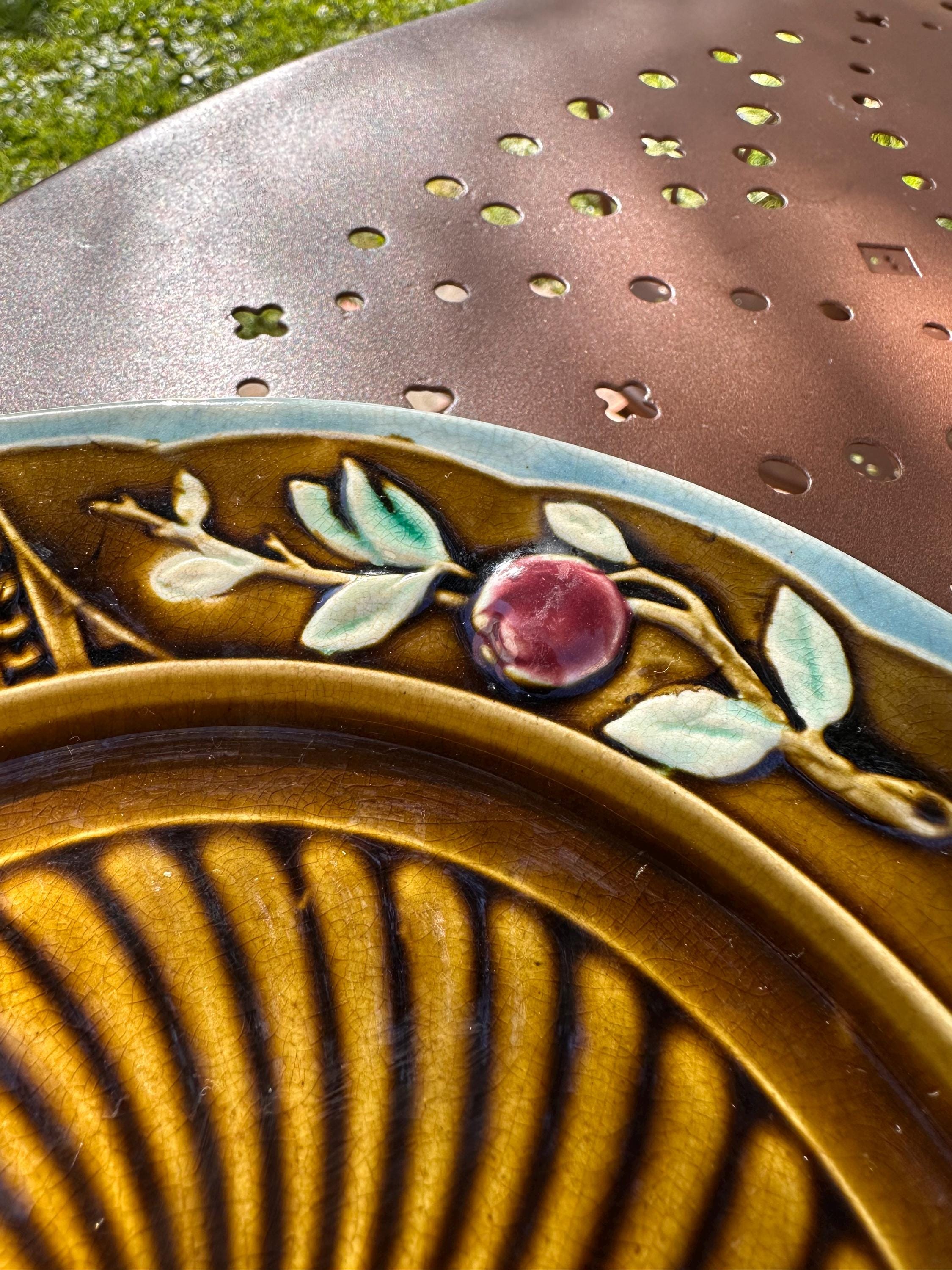 Antique majolica plate – Brown and turquoise tones, fruit motif