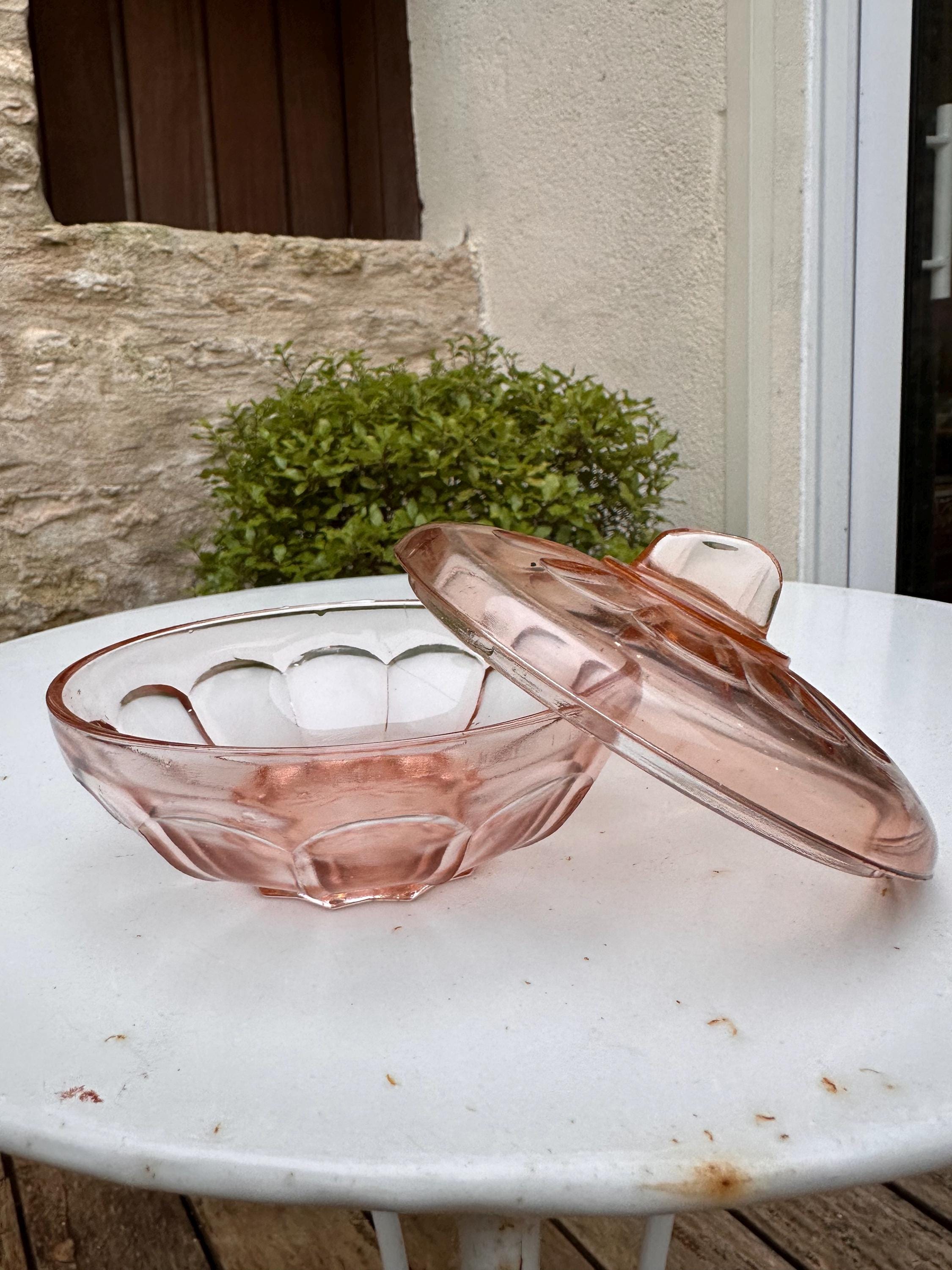 Bonbonnière ancienne en verre rose – Modèle Pétales
