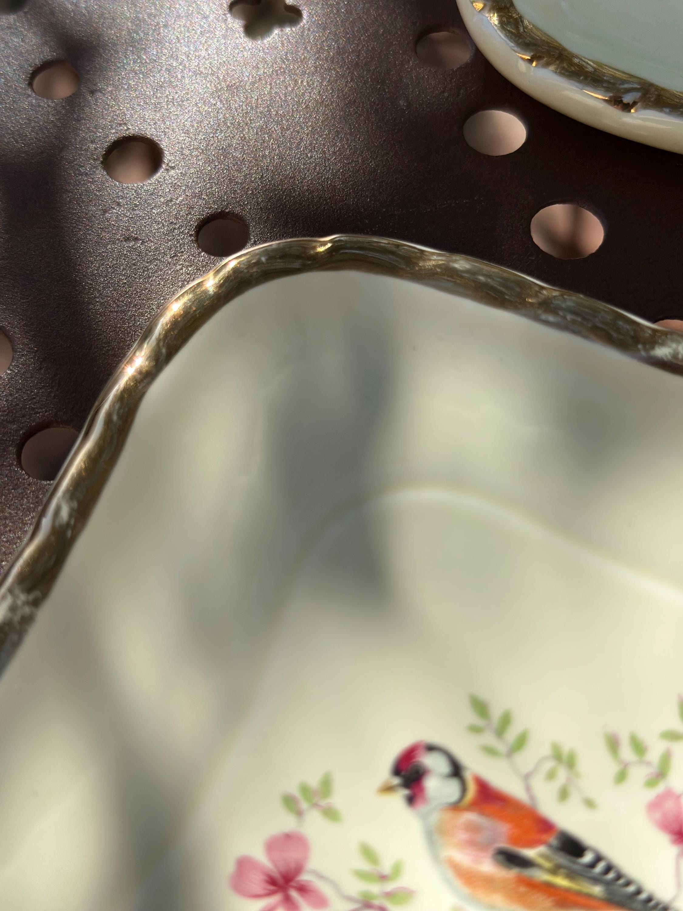 Salins - Bottle Coasters SALINS France vintage – Earthenware and Gilt Edge with goldfinch and floral decoration - set of 2