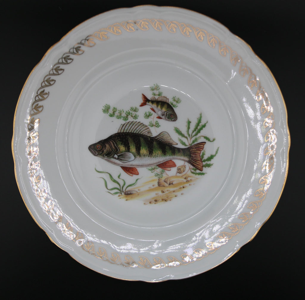 Lot de 3 Assiettes à Poisson Vintage "Le Monde Aquatique", Porcelaine Fine et Dorure