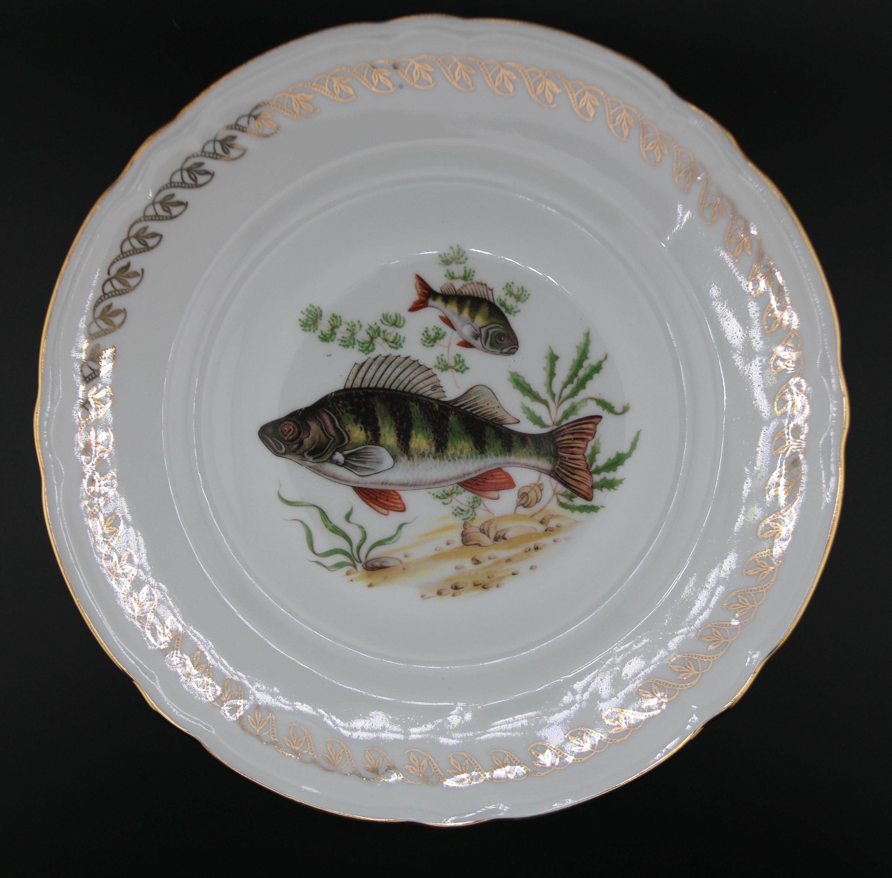 Lot de 3 Assiettes à Poisson Vintage "Le Monde Aquatique", Porcelaine Fine et Dorure