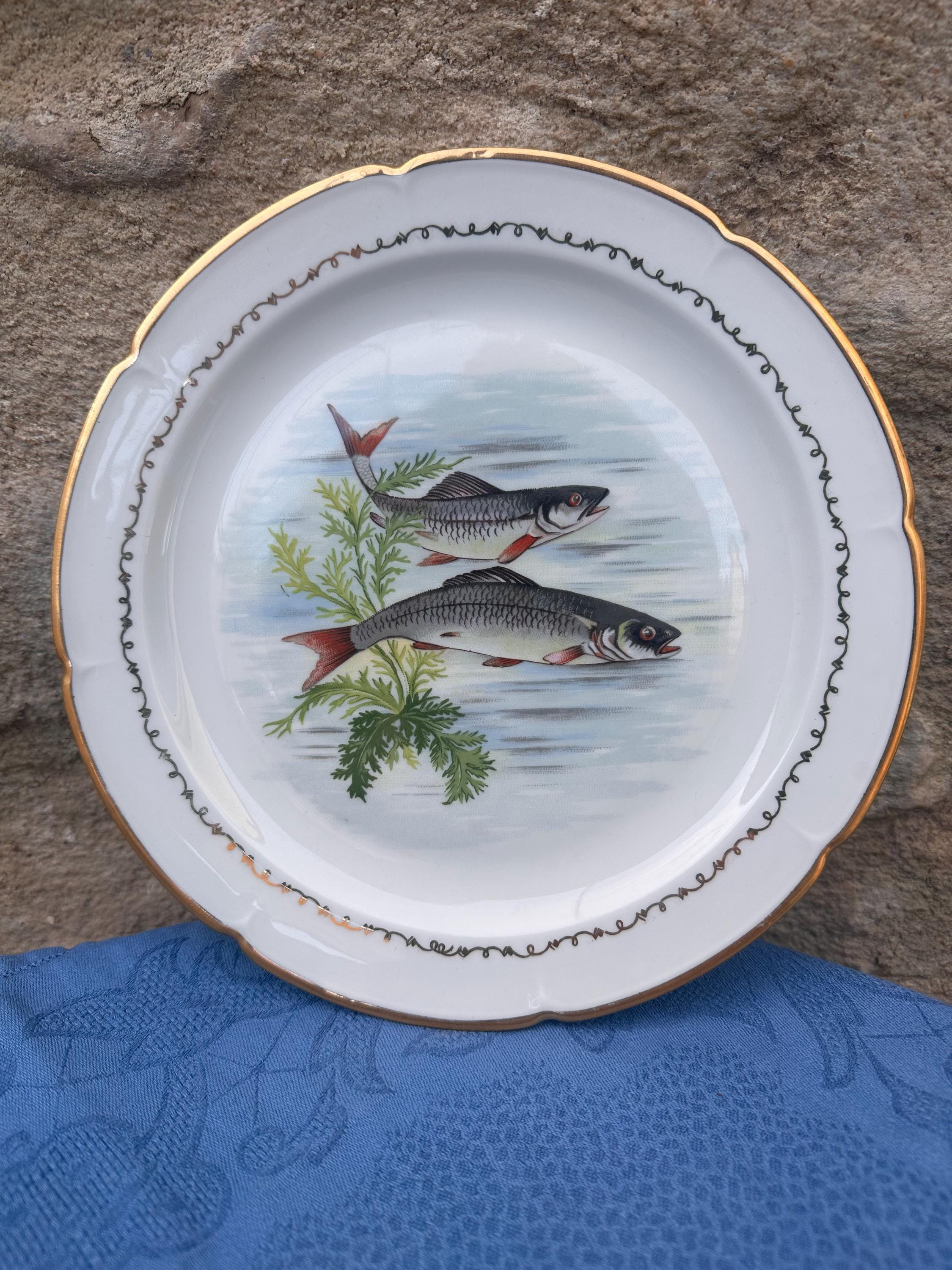 6 assiettes à poisson anciennes en porcelaine – Décors aquatiques