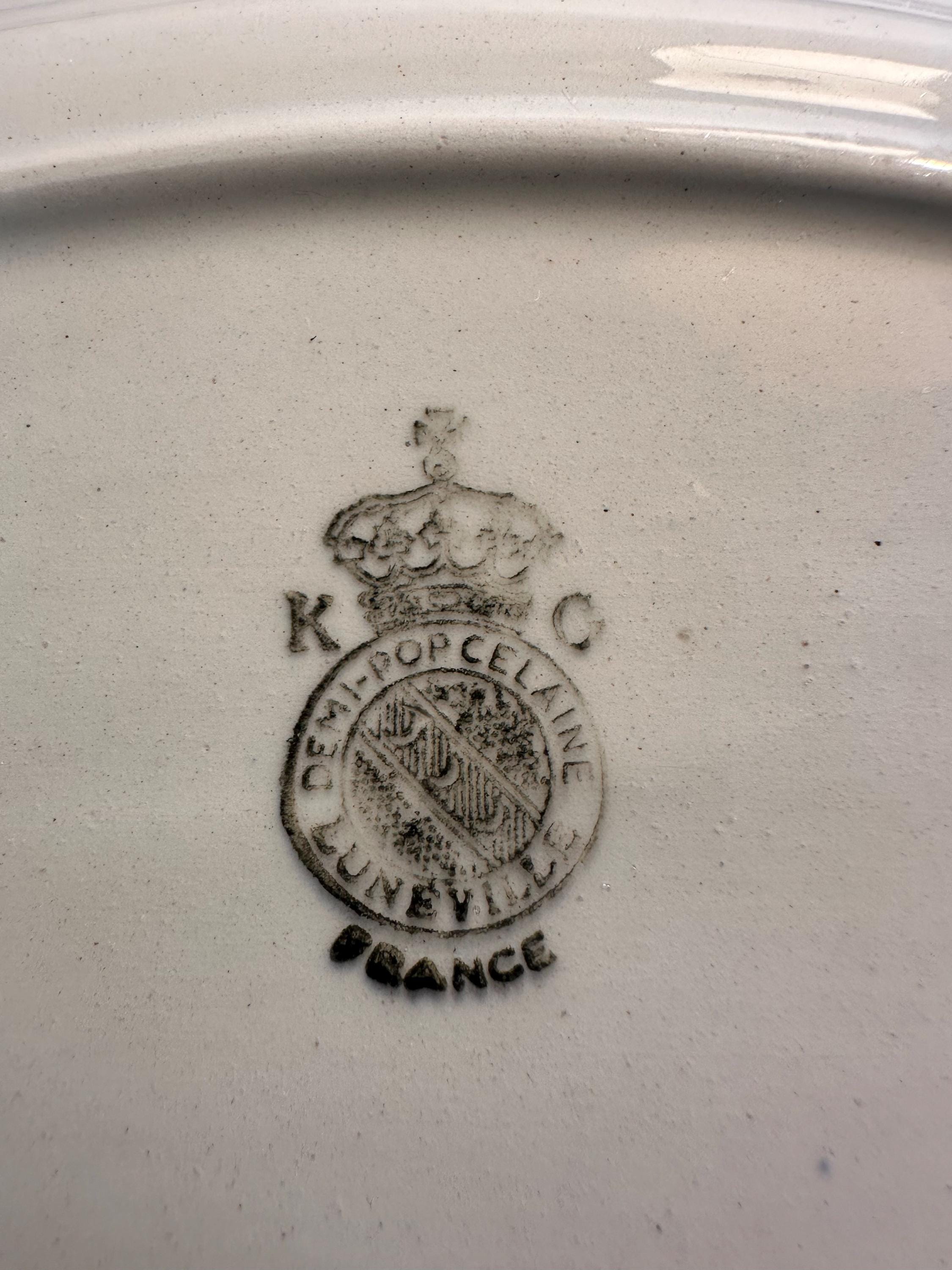 Raviers coupelles Vintage Lunéville K&G – Modèle Art Déco Demi-Porcelaine à Filets Or et Bande Bleue – France, Années 30/40 - lot de 2