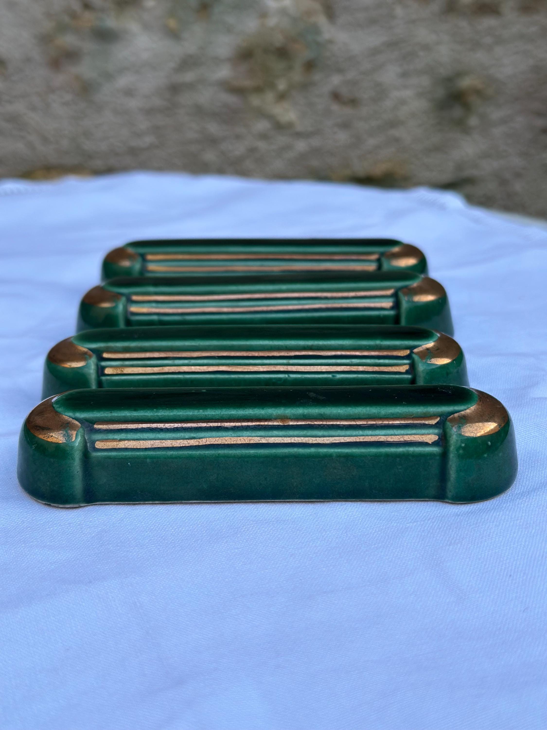 Set of 4 antique Art Deco knife rests – Emerald green and gold ceramic