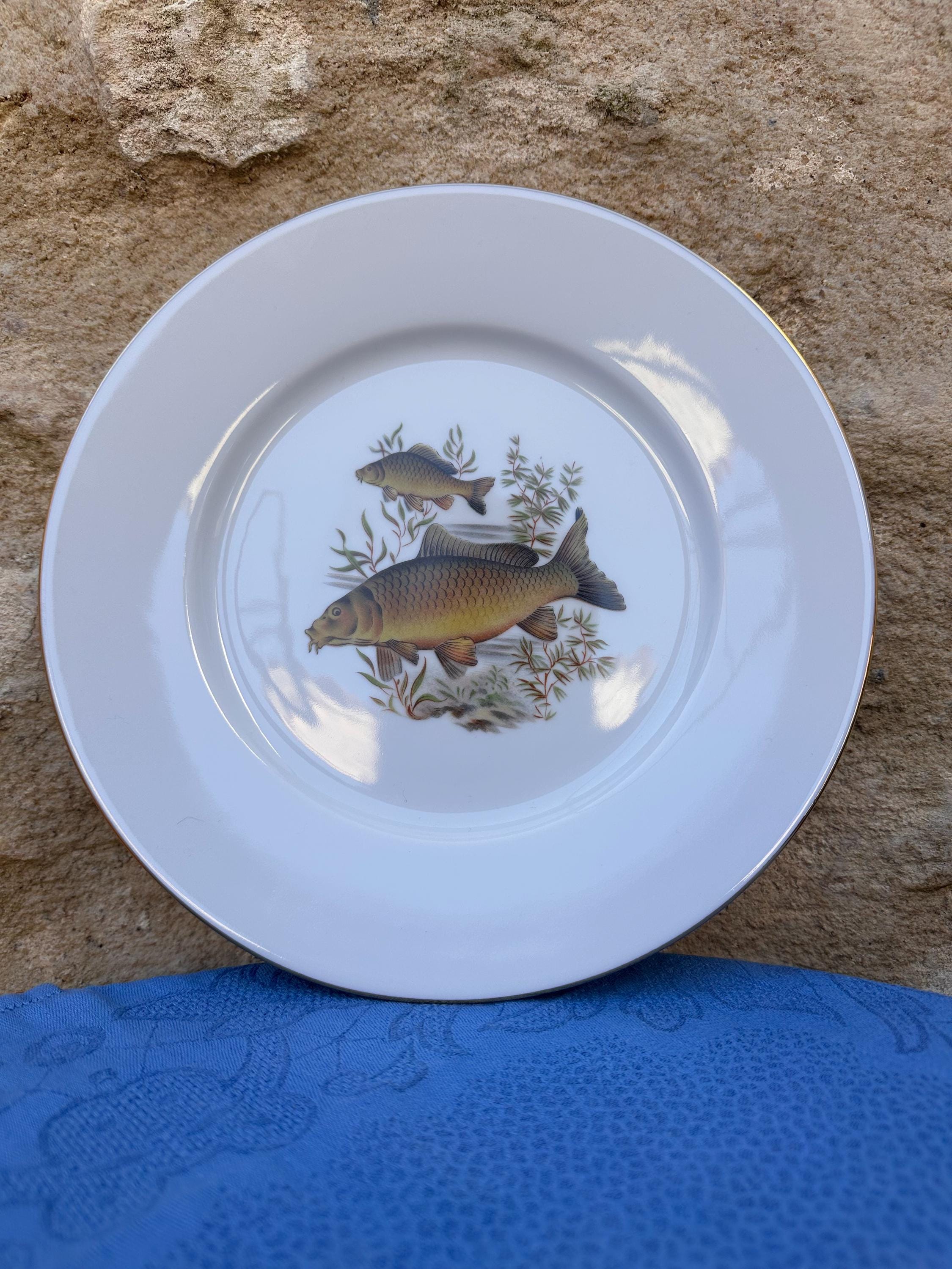 3 assiettes à poisson anciennes en porcelaine de Limoges
