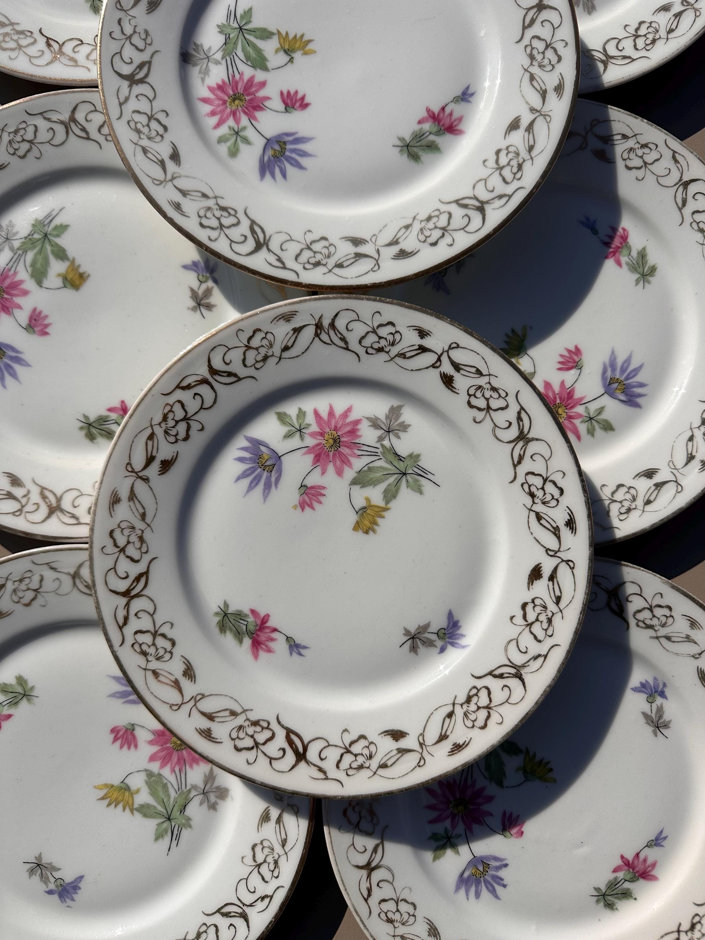 Small Dessert Plates - Limoges Porcelain - Émaux de Mehun - Pink, Blue and Pale Yellow Floral Design - Gold - Vintage France - Set of 8