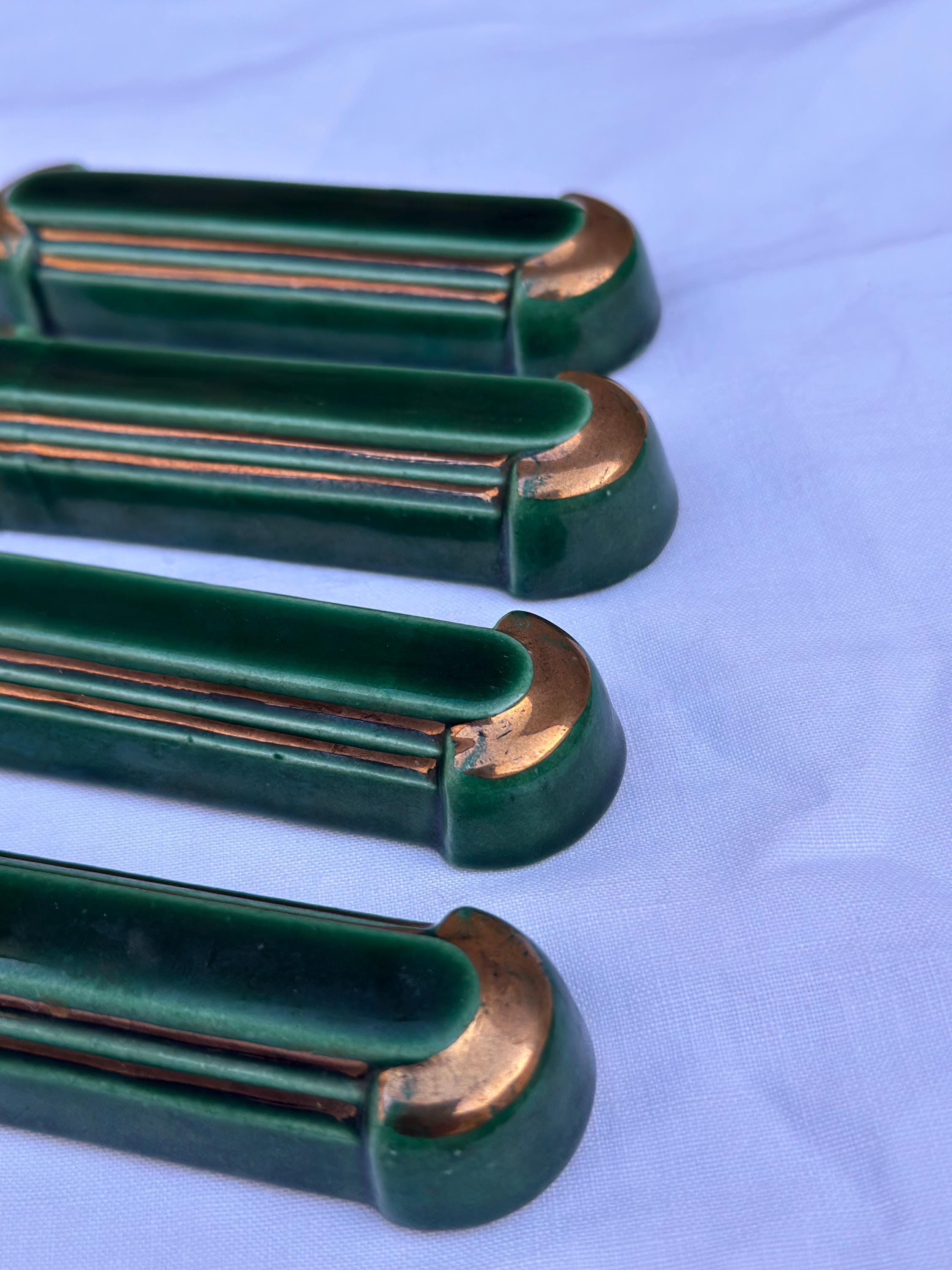 Set of 4 antique Art Deco knife rests – Emerald green and gold ceramic