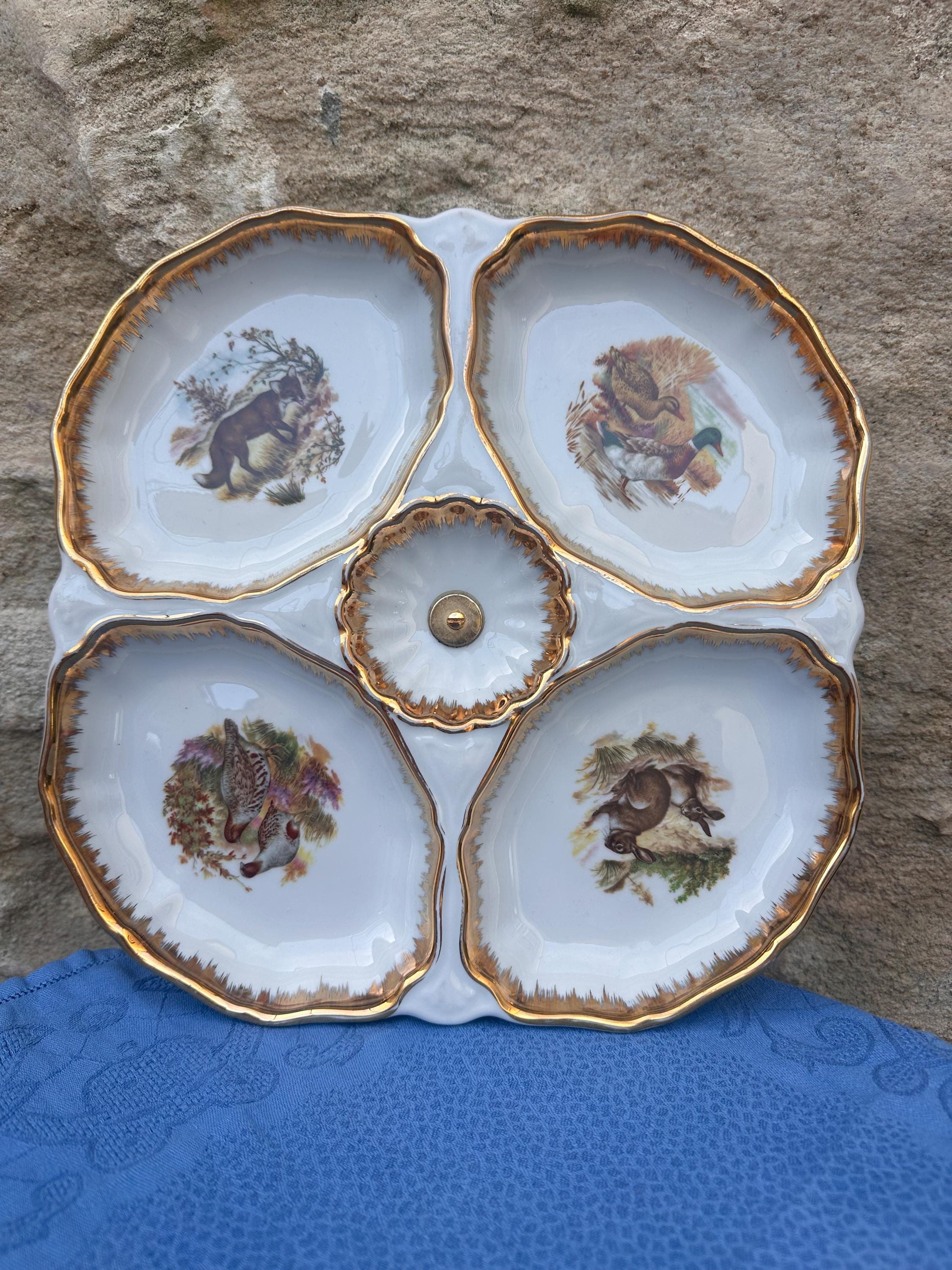 Divided Serving Dish French Porcelain SP – Game & Wildlife Decor – Fine Gold Rim – Vintage Chic