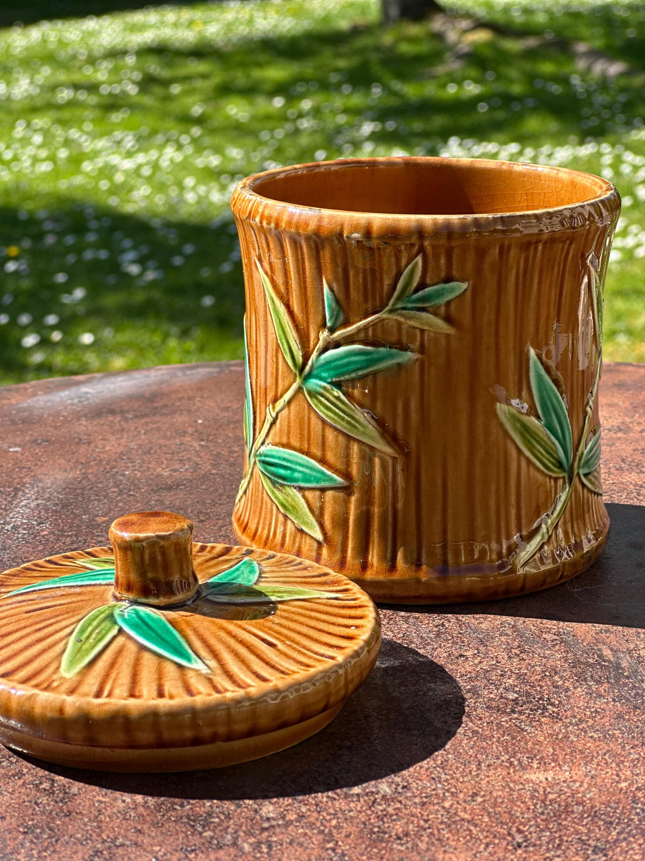 Antique Sarreguemines majolica tobacco jar – Bamboo model
