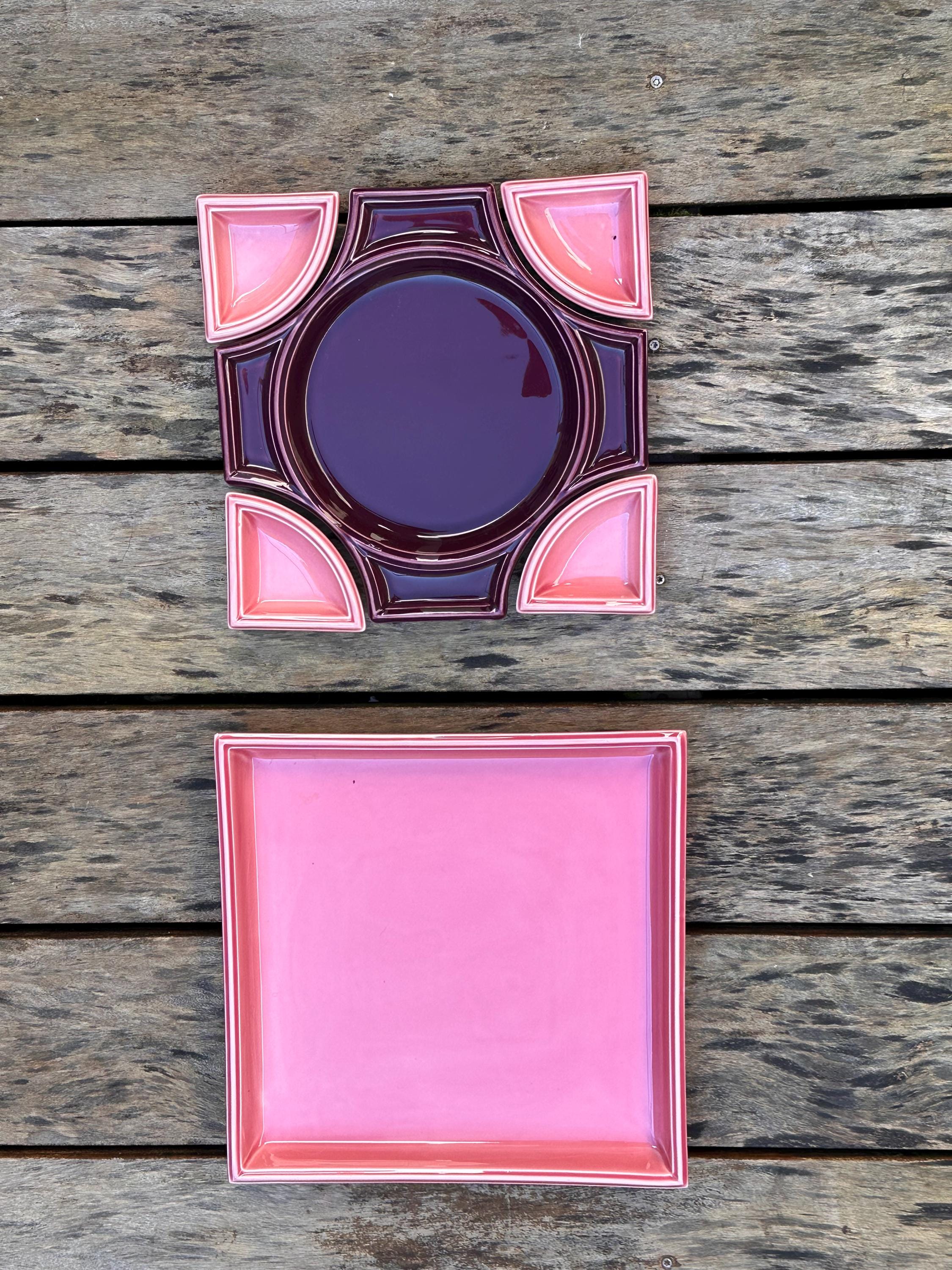 Service apéritif vintage Anthéor – Céramique géométrique rose et prune