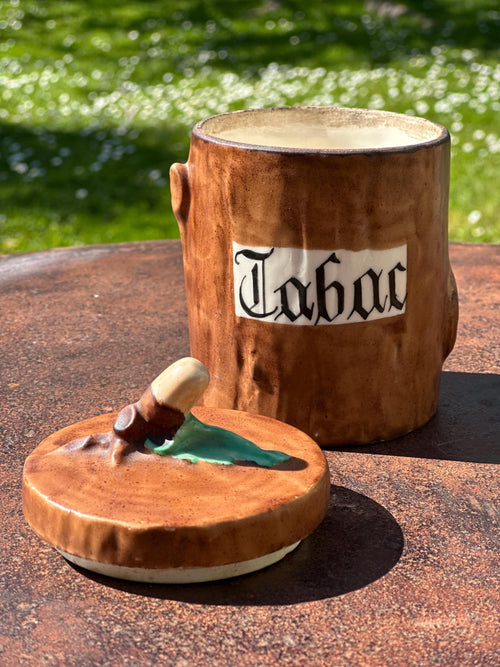 Old slipware tobacco jar – Tree trunk shape